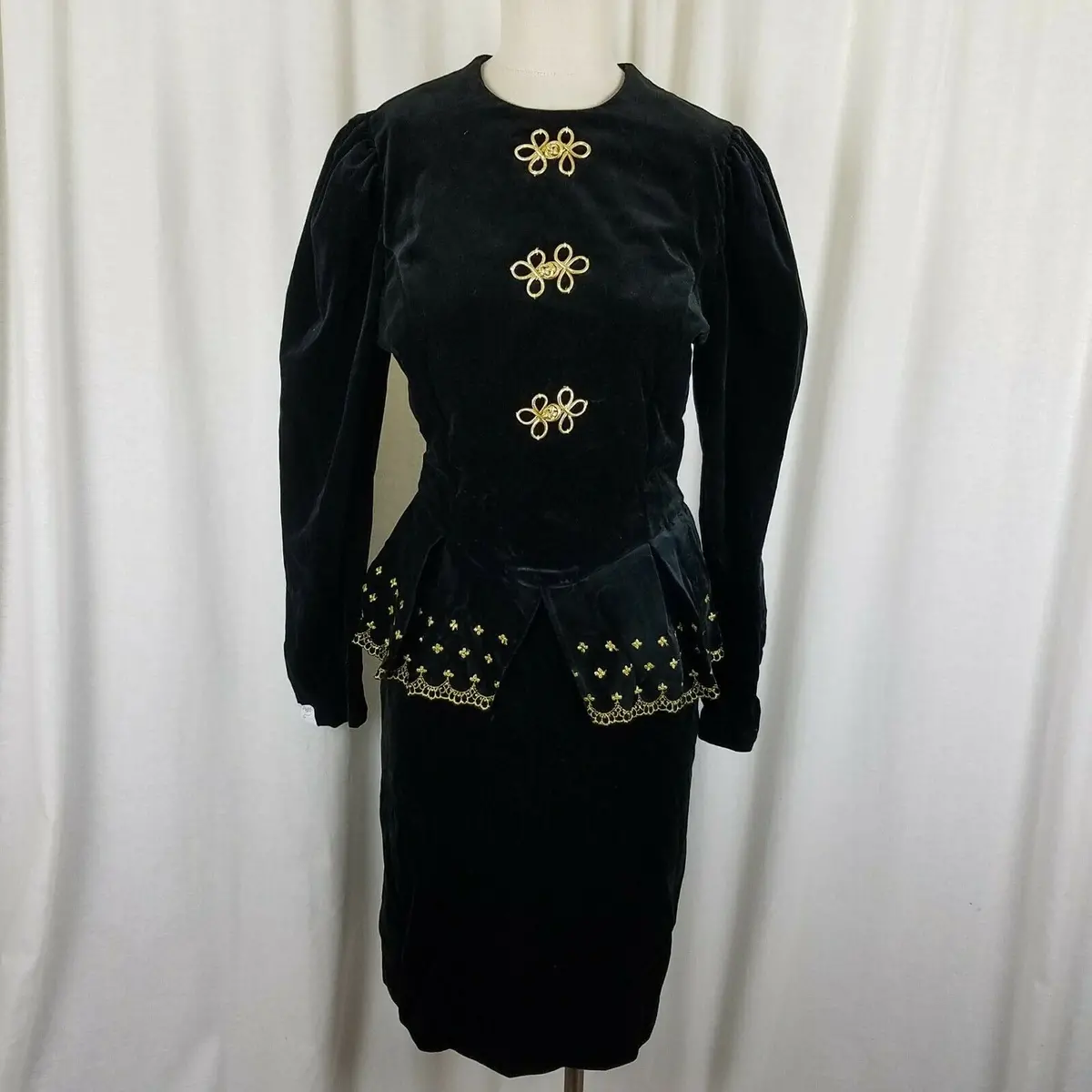 Jan Briggs Black Velvet Peplum Dress Gold Embellishments Womens 12 Vintage 80S 1