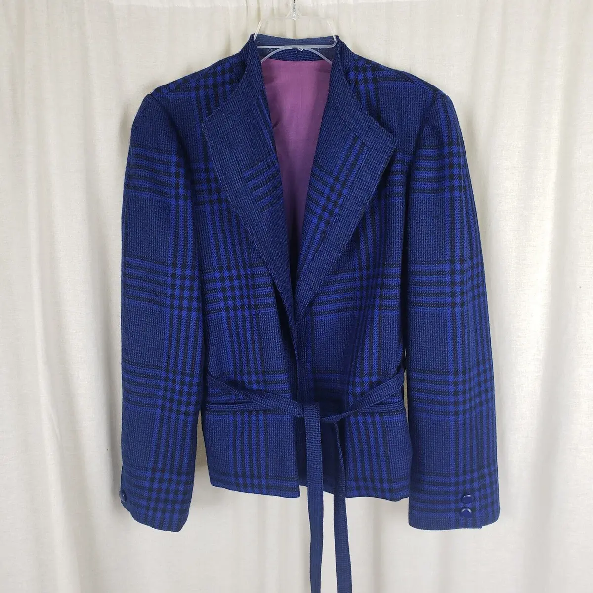 Vintage Cobalt Blue Plaid Draped Collar Tie Wrap Jacket Blazer Womens L France 1