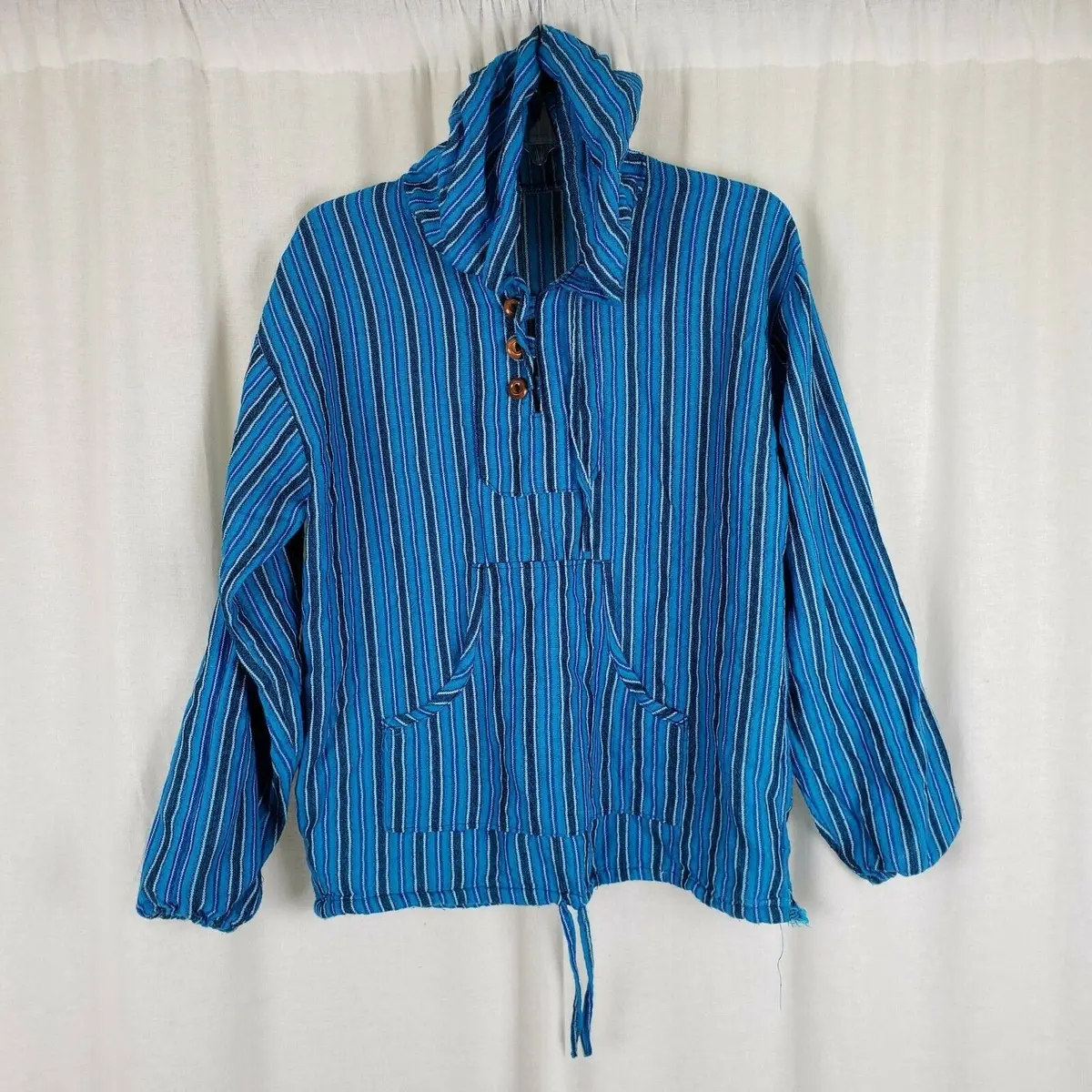 Vintage Striped Hooded Woven Henley Shirt Jacket Hoodie Mens 42 Drug Rug Baja 1
