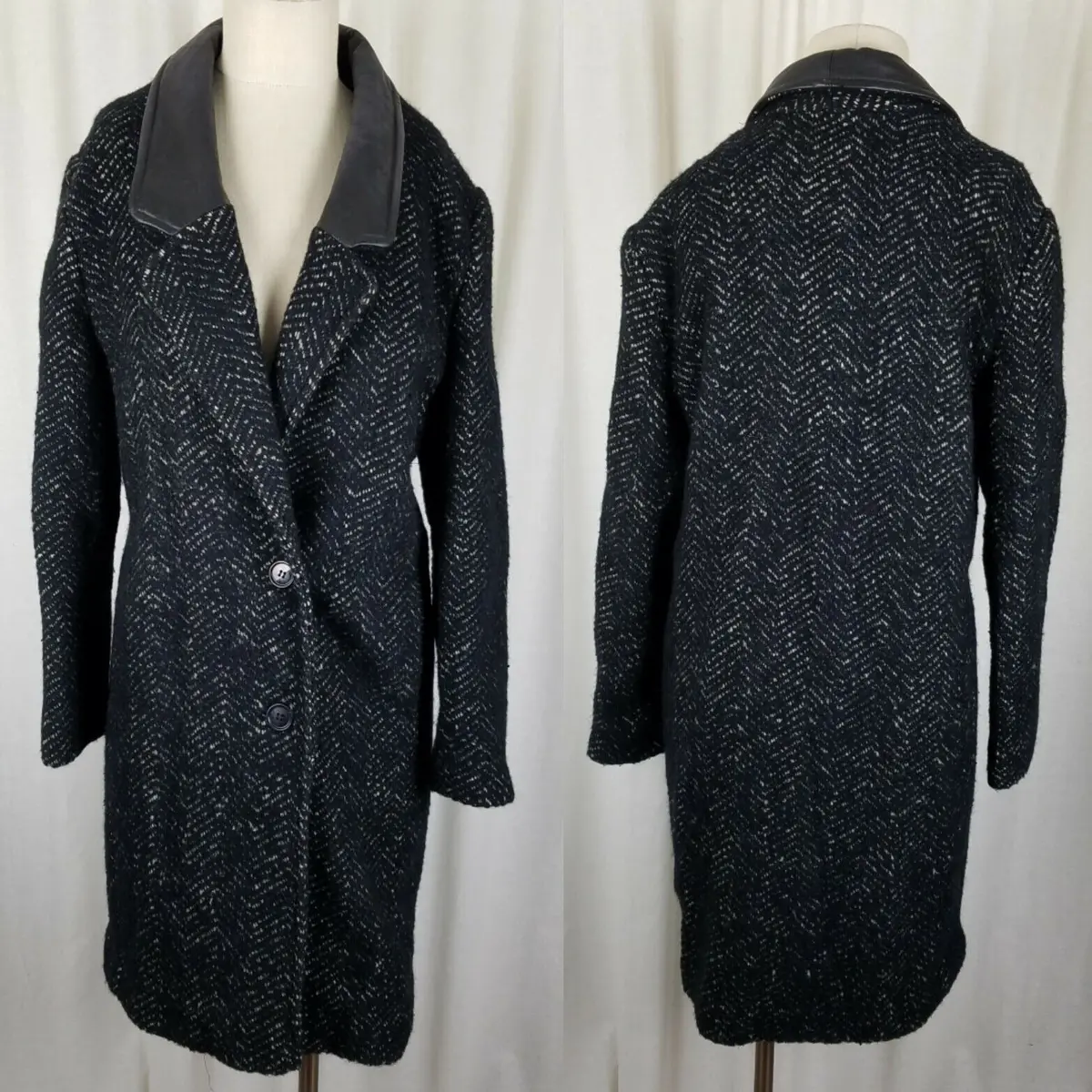 Vintage Black Mottled Wool Leather Trim Herringbone Tweed Peacoat Coat Womens 7 1
