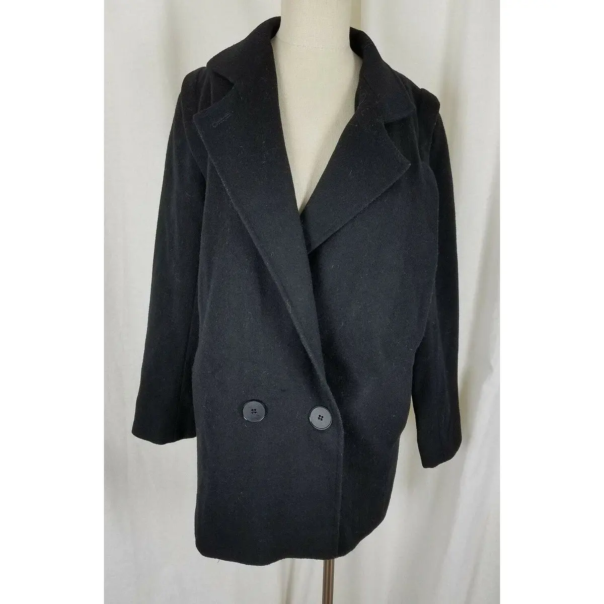 Vintage 80S Check Point Wool Black Double Breasted Peacoat Coat Womens L Xl Usa 1