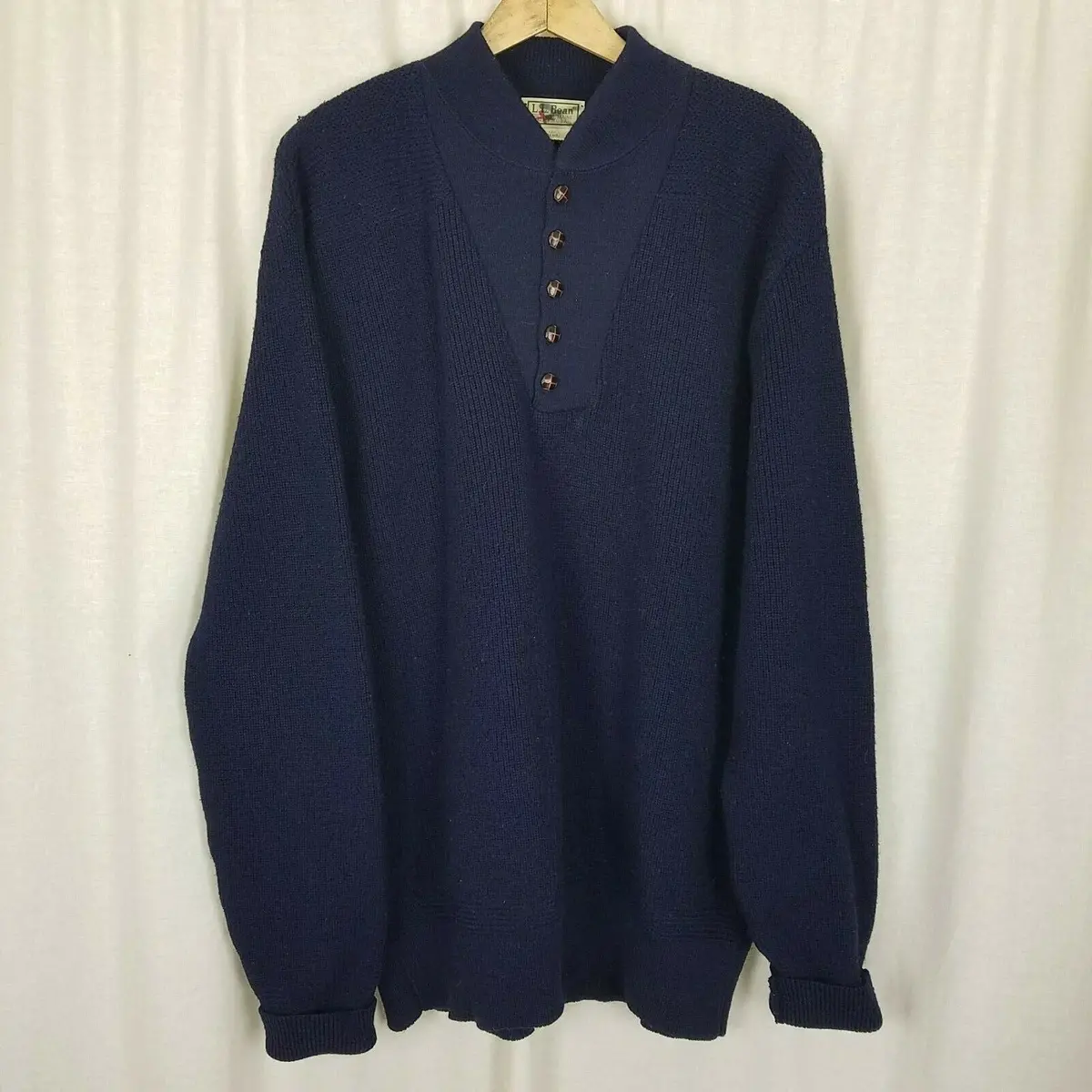 Ll Bean Rag Wool Shawl Collar Henley Leather Buttons Knit Sweater Mens L Vintage 1