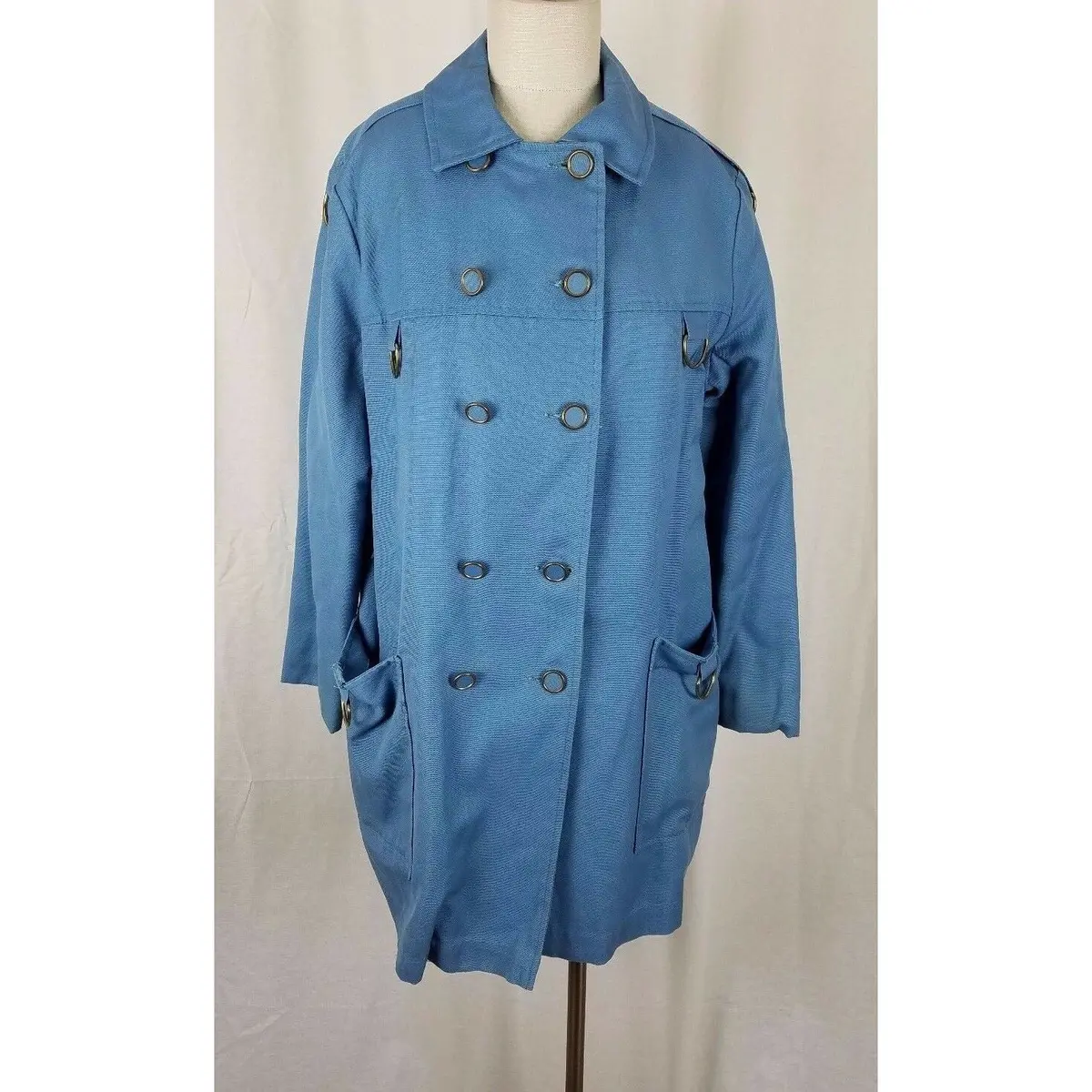 Vintage Powder Blue Canvas Deep Pile Fur Lined Winter Peacoat Coat Womens L 60S 1