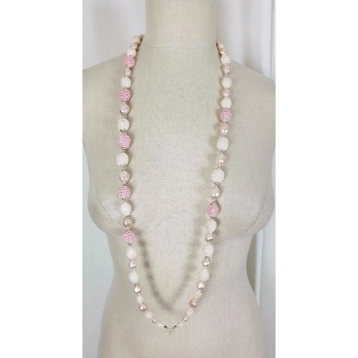 Strand Large Crochet Pink Beads Faux Pearl Beaded Necklace Vintage Contemporary 1