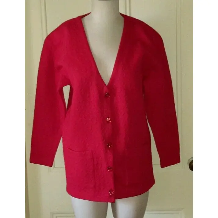 Nos Carroll Reed Diamond Embossed Textured Cardigan Sweater Jacket Womens L Red 1