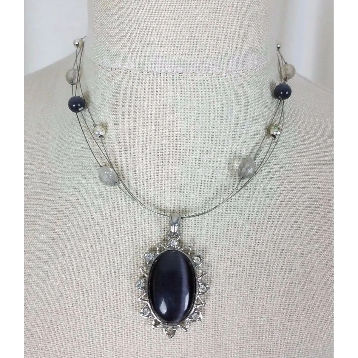 Faux Black Onyx Crystal Pendant Choker Necklace Silver Chain Charm Resin Beaded 1