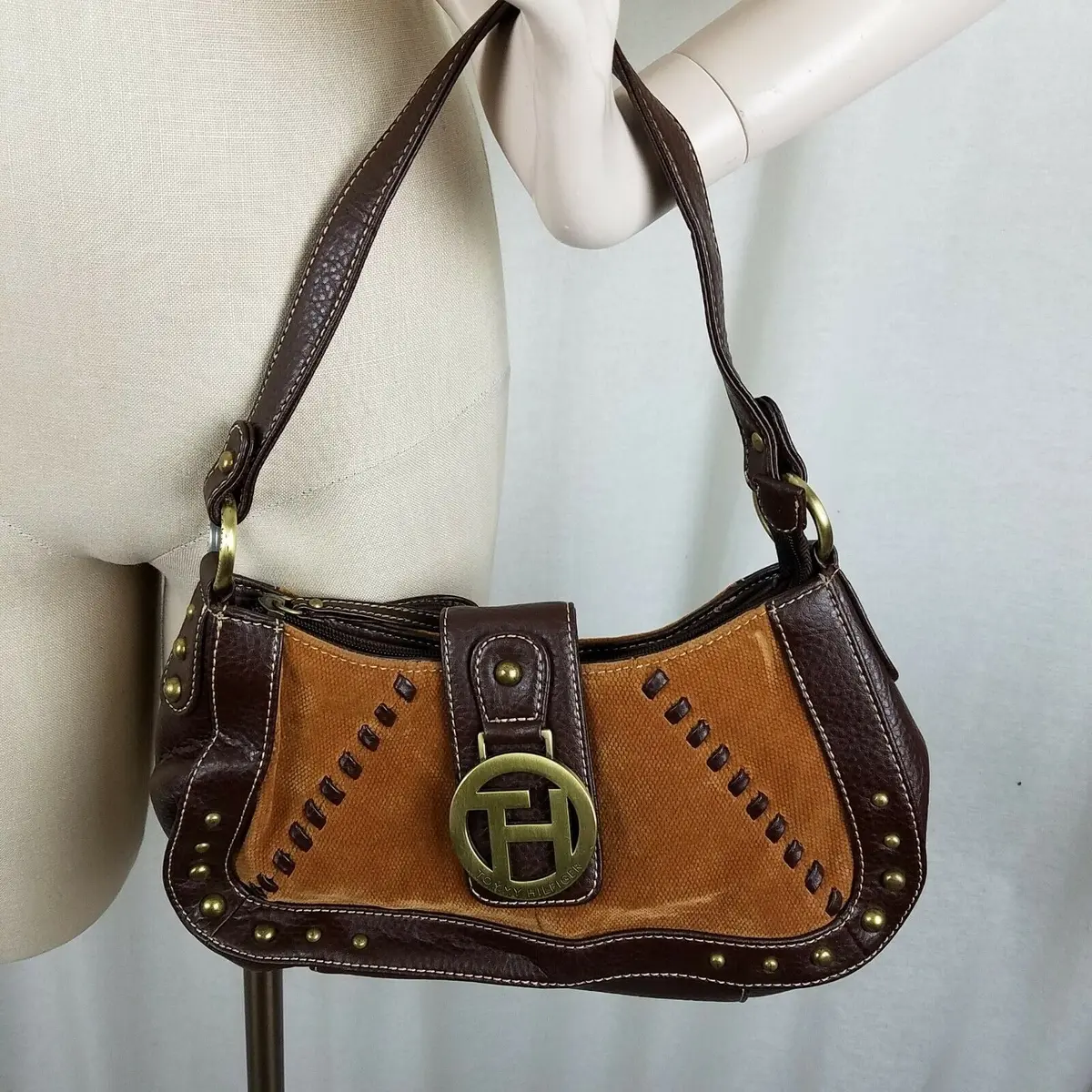 Tommy Hilfiger Brown Canvas Leather Boho Logo Shoulder Bag Handbag Purse Vintage 1
