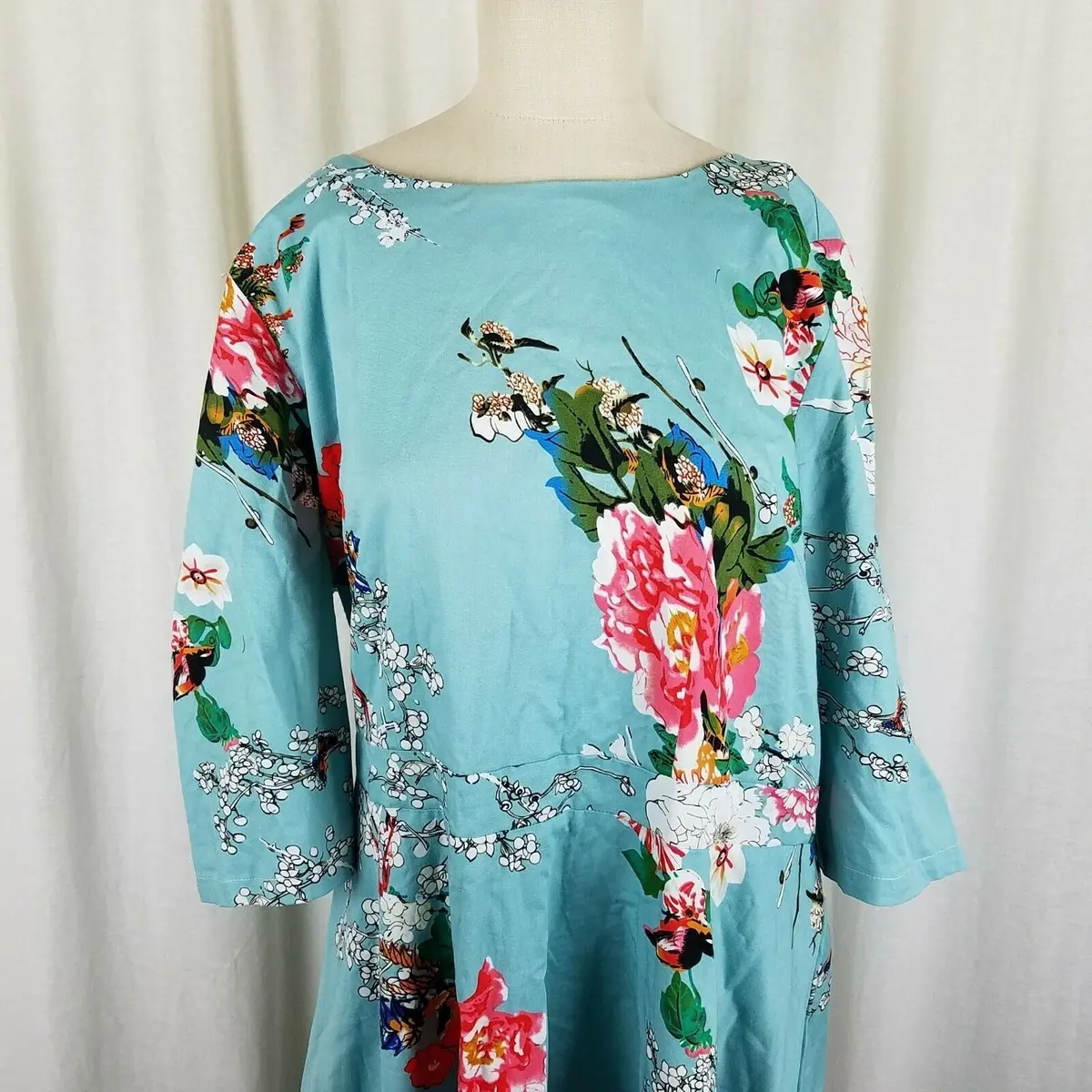 Artter Floral Turquoise Twirl Swing Dress Womens 3Xl Retro Mumu Built In Tie 2