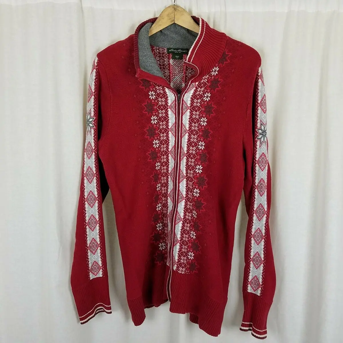 Eddie Bauer Nordic Snowflake Full Zip Knit Sweater Jacket Mens Xlt Christmas Red 1