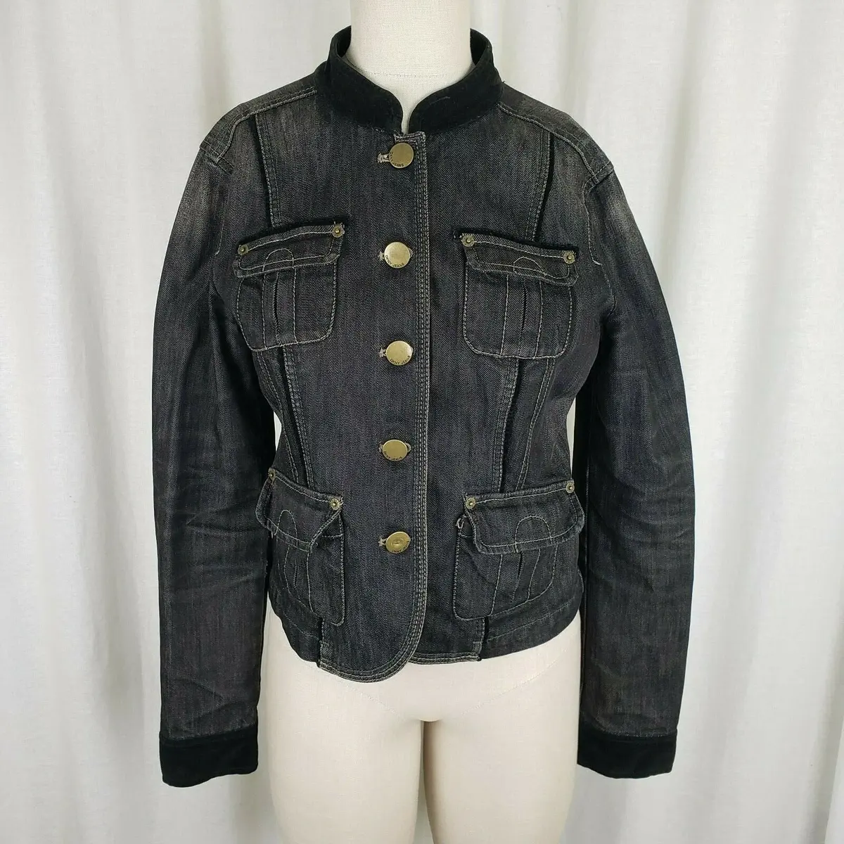 Dkny Jeans Stretch Faded Black Cropped Denim Jean Jacket Womens M Velvet Collar 1