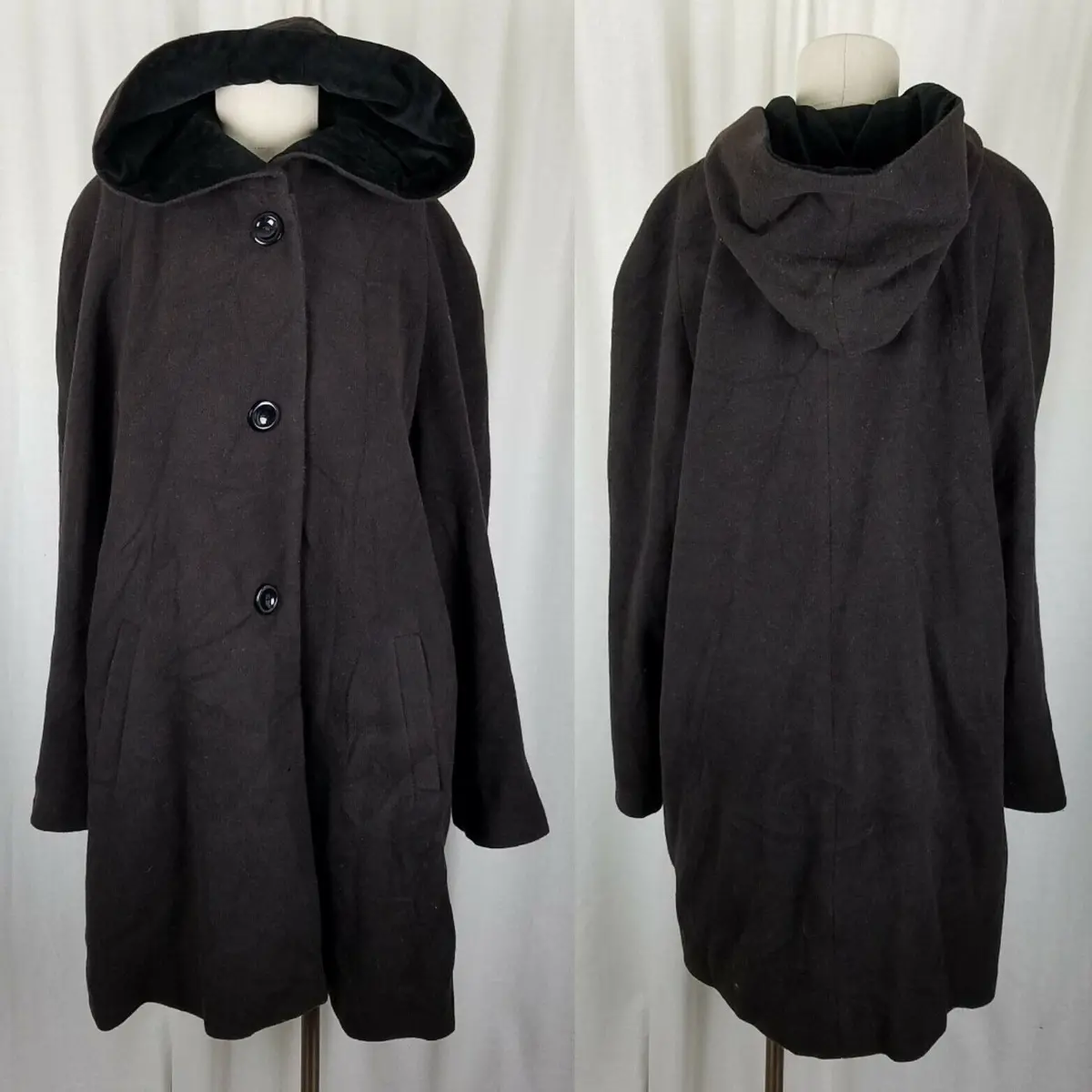 Forecaster Wool Hooded Skater Swing Coat A-Line Peacoat Womens 16 Velvet Trim 1