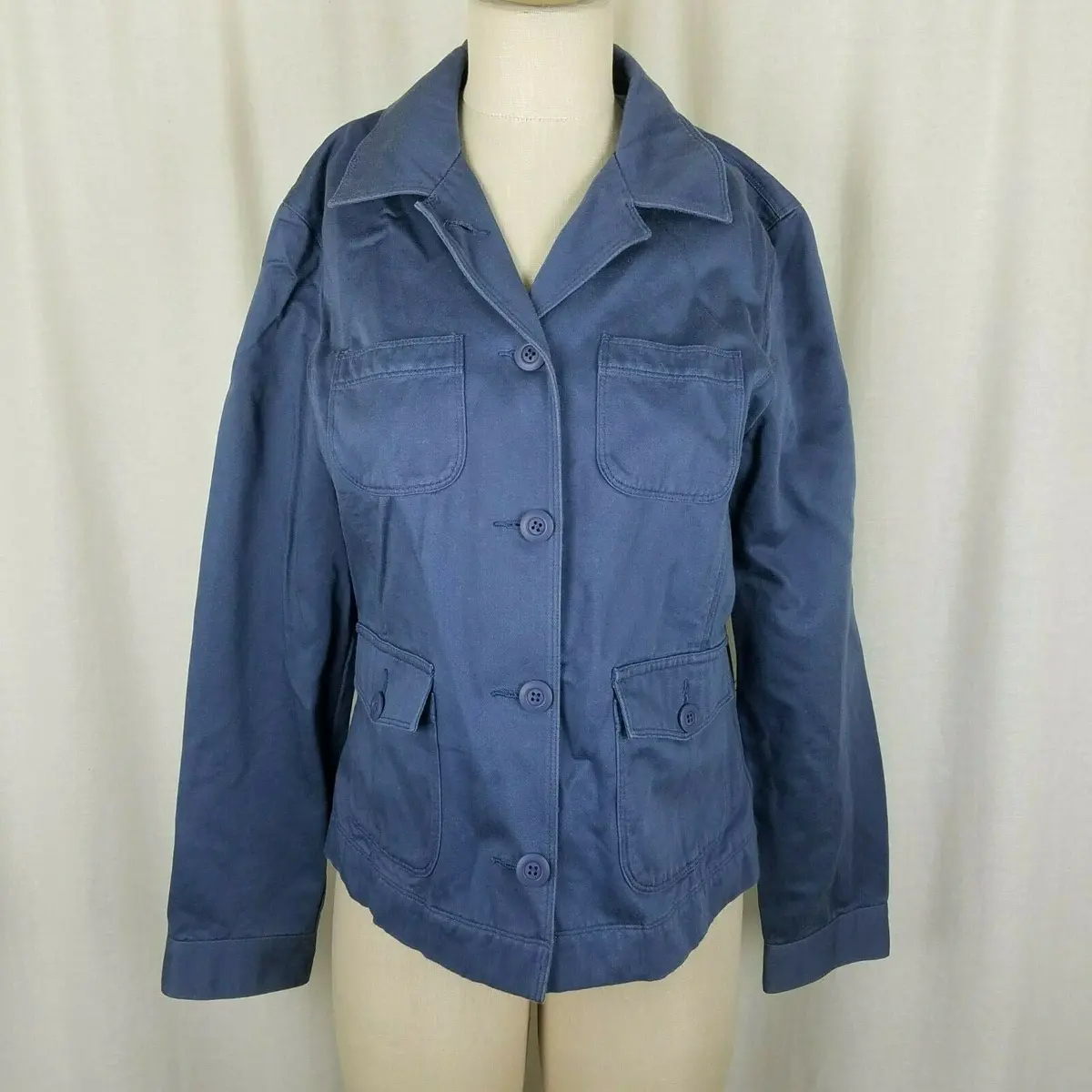 Ll Bean 100% Cotton Button Up Safari Field Jacket Blazer Womens 8 Blue Riding 1