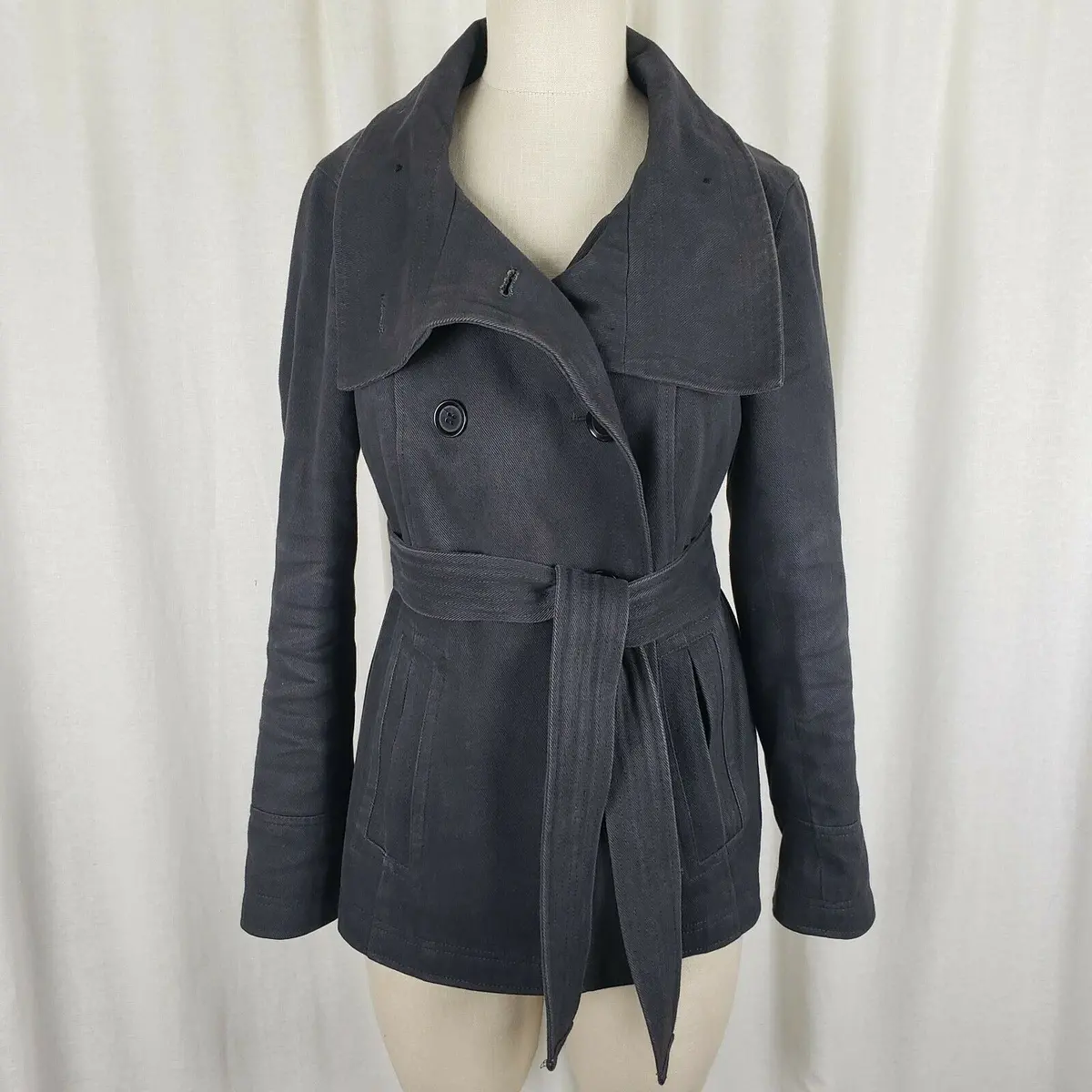 Gap Funnel Neck Belted Tie Double Breasted Twill Short Trench Coat Womens S 2009 2