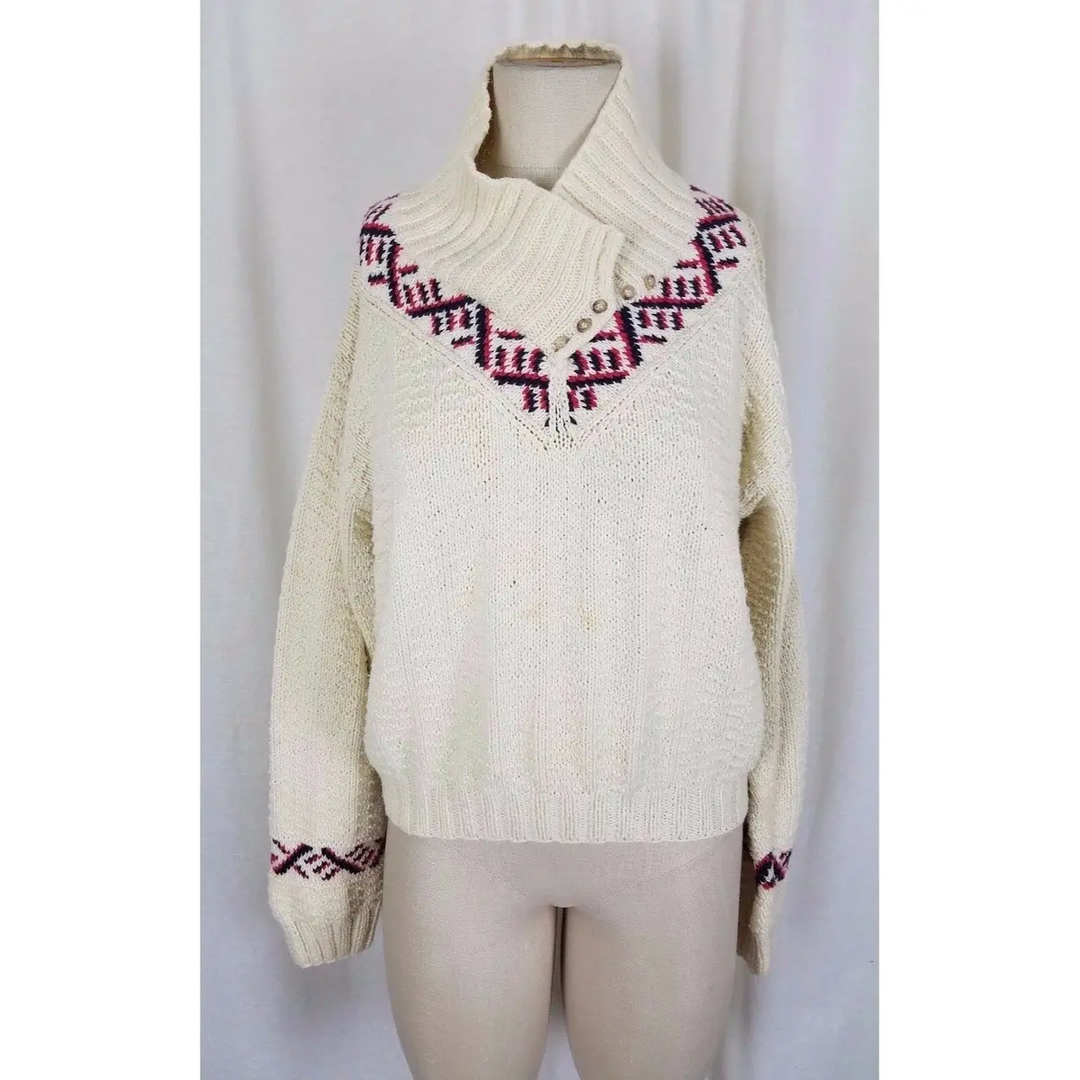 Vintage Ll Bean Funnel Neck Shawl Collar Knit Sweater Womens M Winter White Usa 1