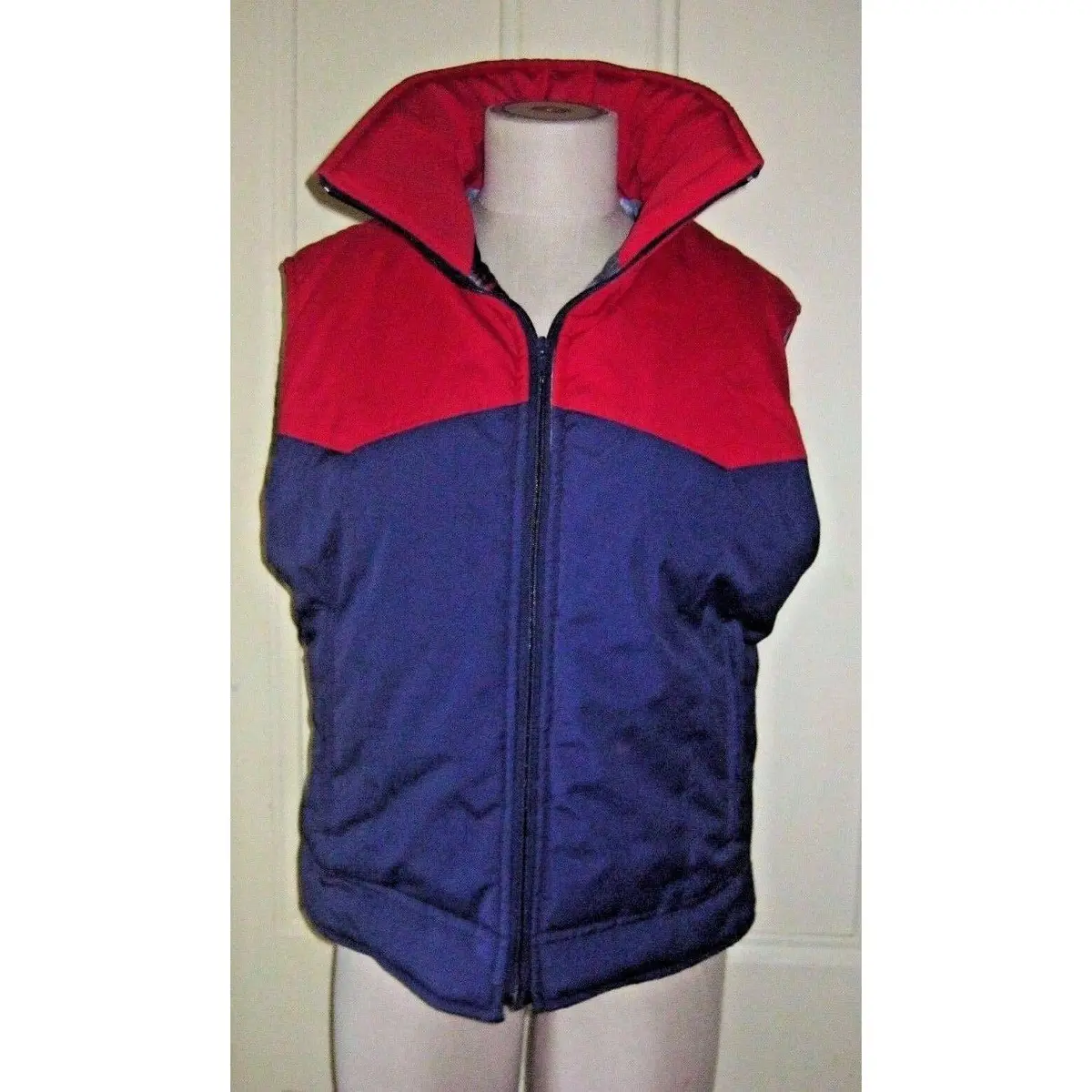 Mrs Duckworth Full Zip Up Plaid Flannel Lined Western Colorblock Vest Womens L Red & Navy Blue Puffer Sleeveless Parka Contrast 1