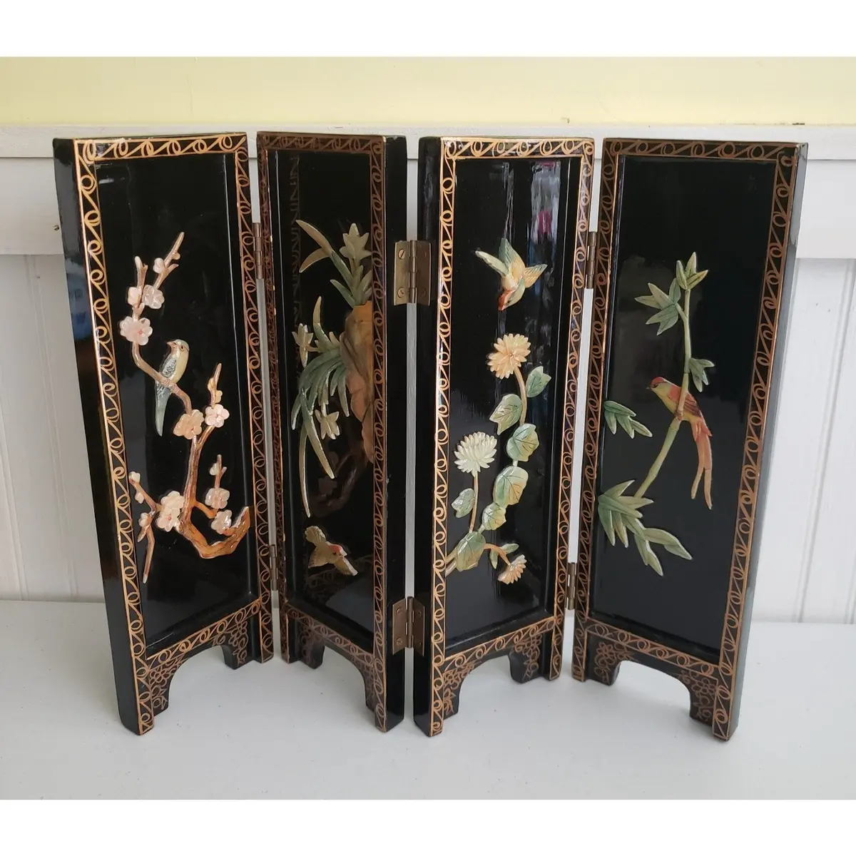 Vtg Asian Black Lacquer Wood Folding 4 Panel Table Screen Jade Mother Of Pearl 1