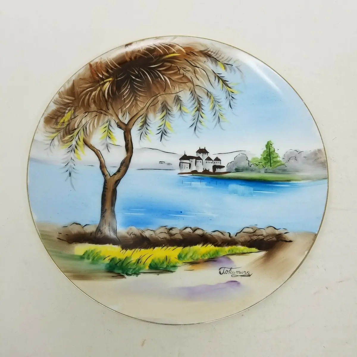 J.Okumura Decorative Plate Entirely Handpainted Castle Lake Print Vintage 10.5In 1