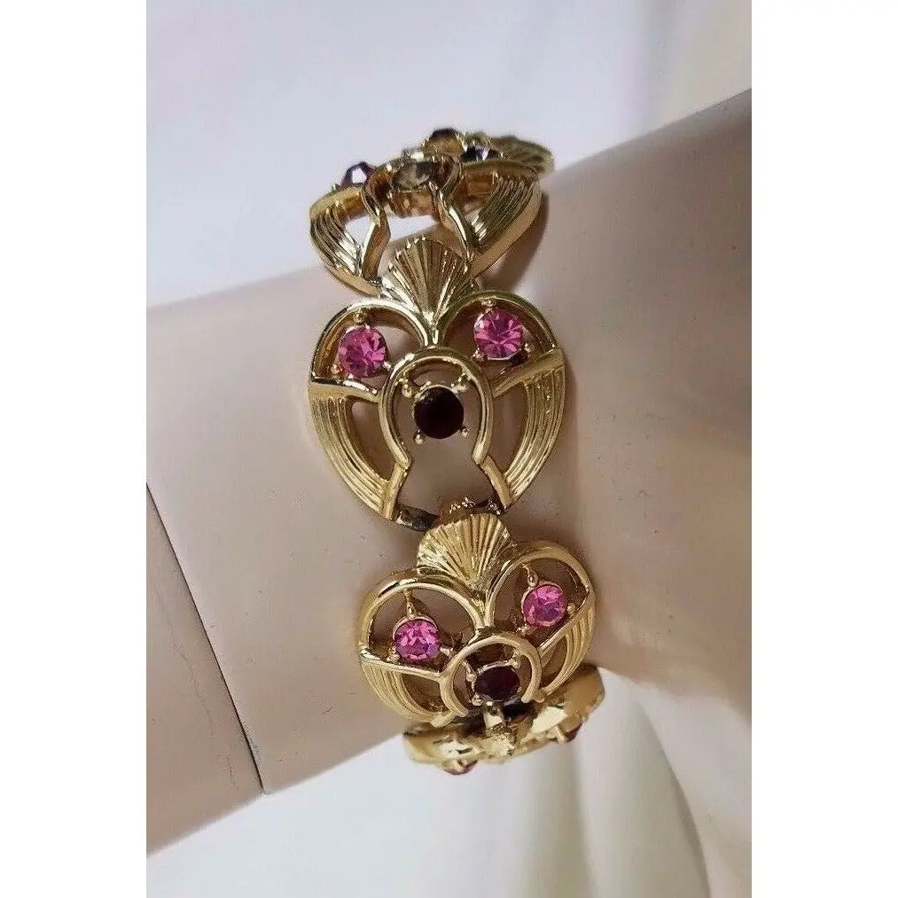 Vintage Coro Art Deco Gold Tone Claddagh Look Faux Gemstones Link Bracelet Fans 1