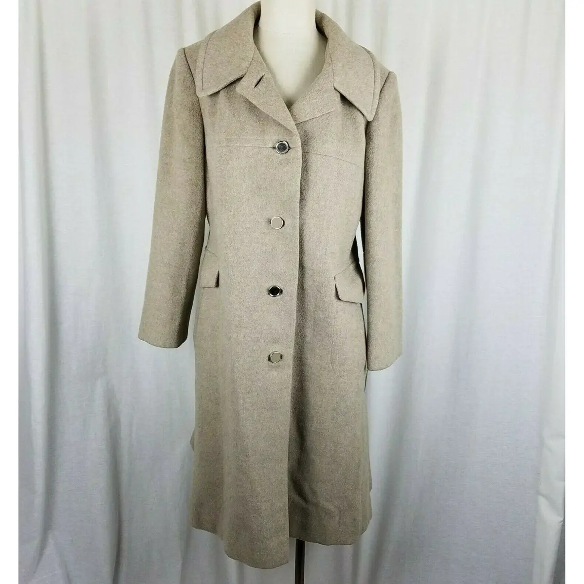 Vintage Tan Wool Half Belted Back Fit & Flare Peacoat Coat Womens S Fuzzy Winter 1