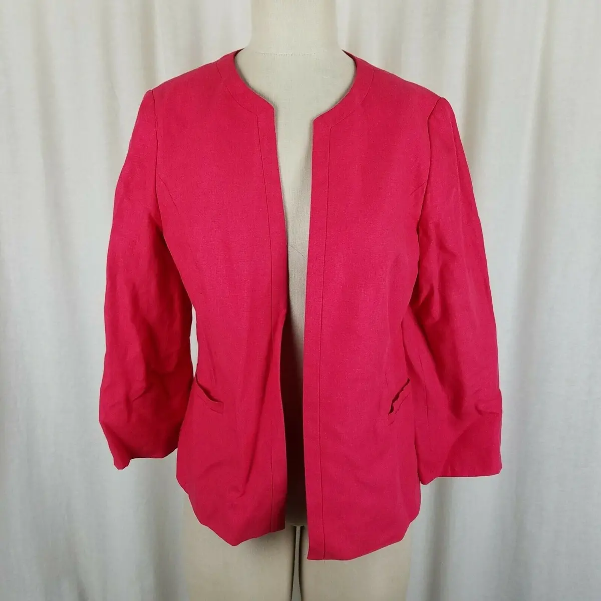 Talbots Linen Open Front Swing Blazer Jacket Womens 8 3/4 Sleeves Bright Pink 1
