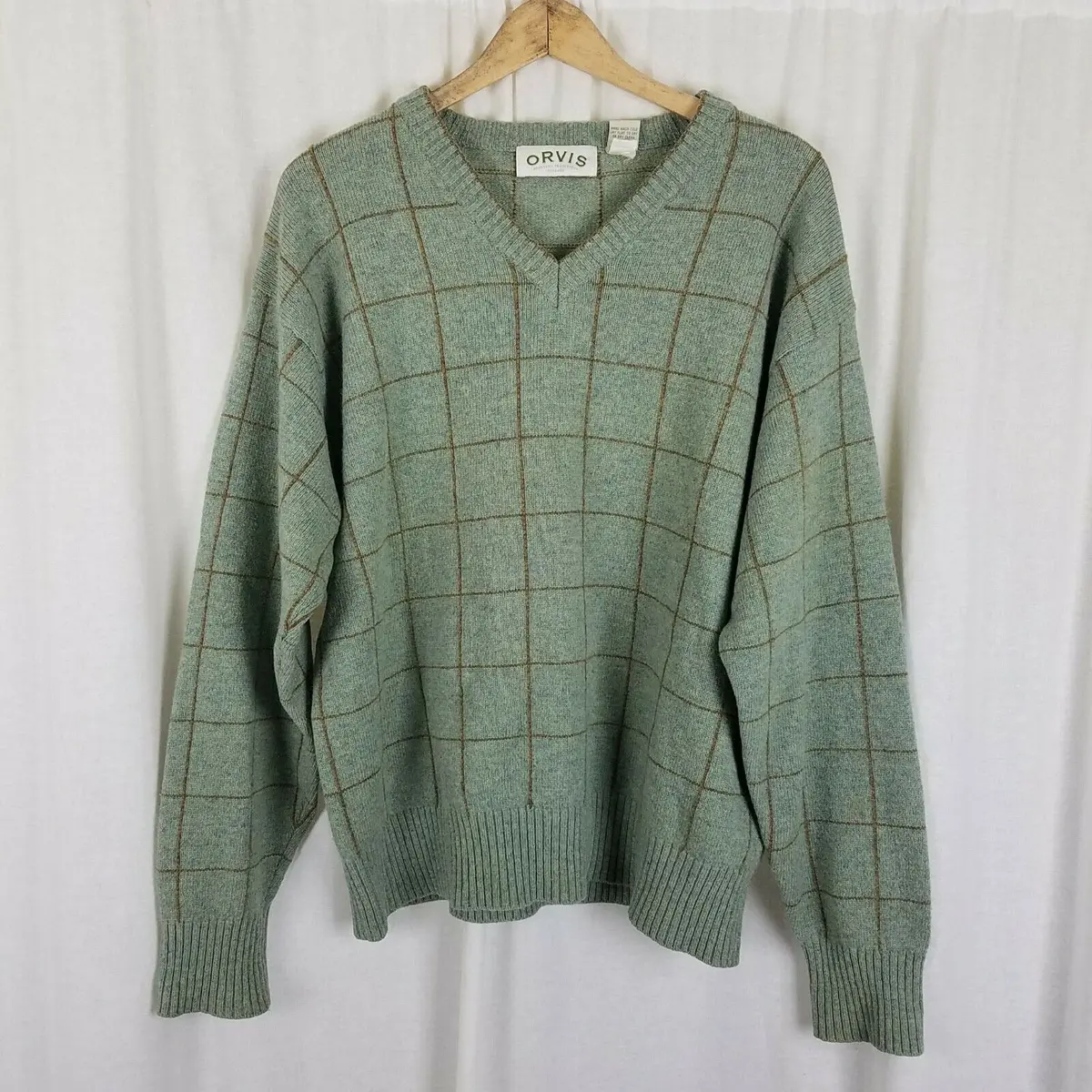 Vintage Vneck Wool Windowpane Plaid Pullover Knit Sweater Mens L Green Brown 1