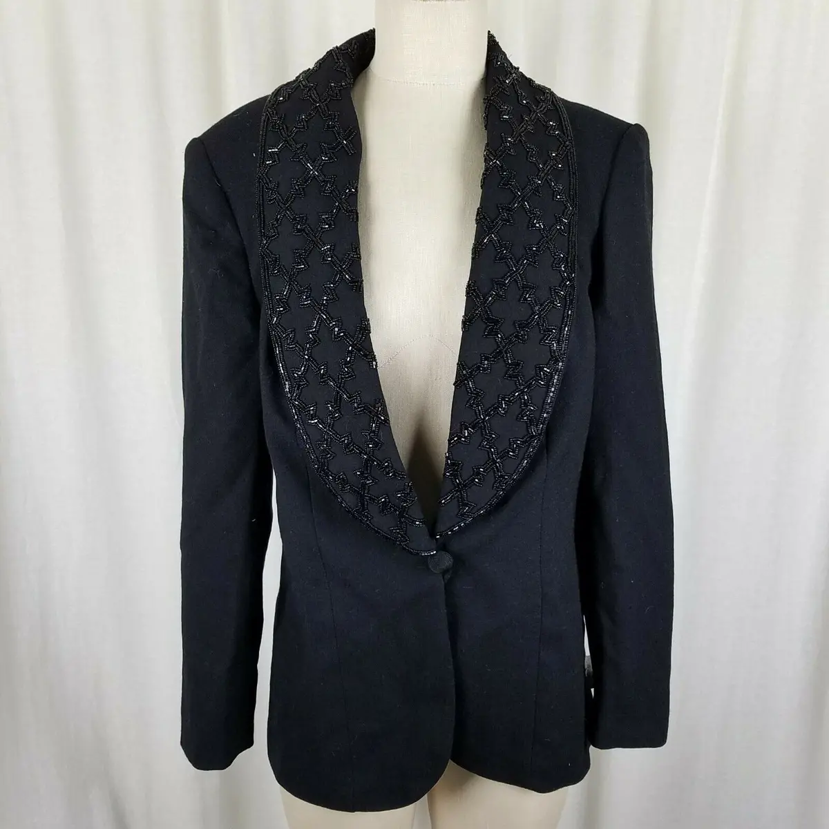 John Meyer Norwich Beaded Black Wool Blazer Jacket Womens 10 Removable Collar 1