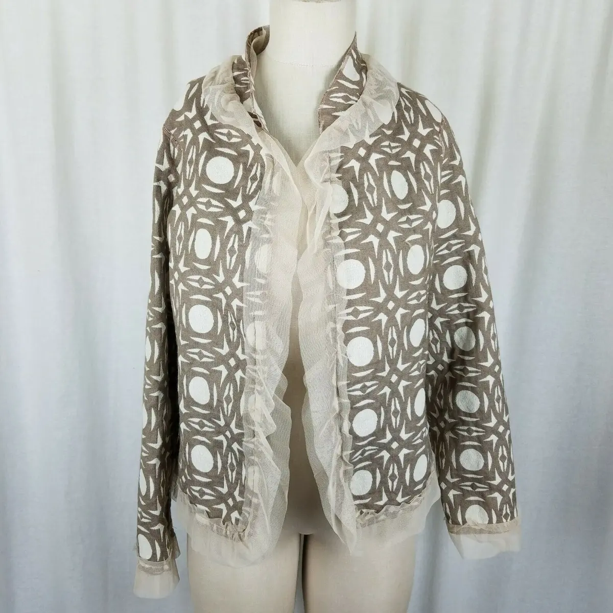 Beluva San Francisco Boutique Ruffles Woven Open Front Swing Jacket Womens M Tan 1