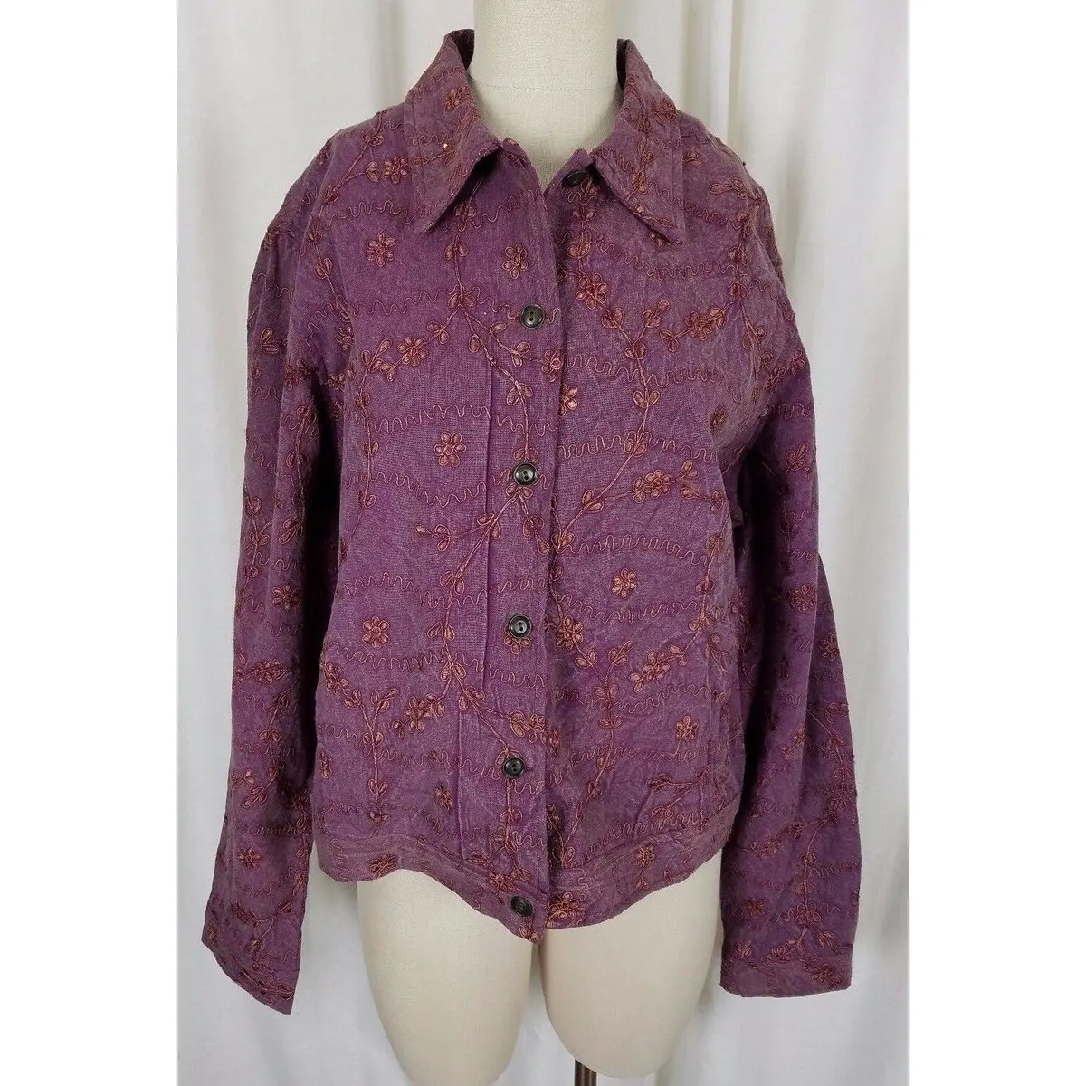 Newport News Easy Style Embroidered Floral Trucker Style Jean Jacket Womens 18 1