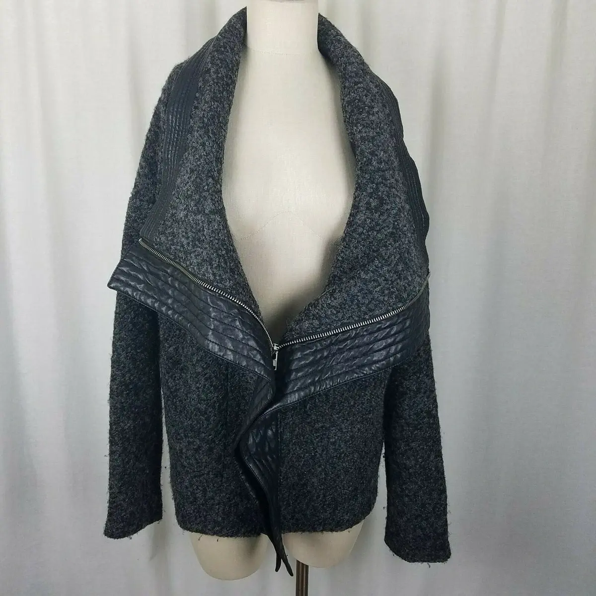 Forever 21 Black White Boucle Wool Shawl Collar Asymmetrical Jacket Womens L 1