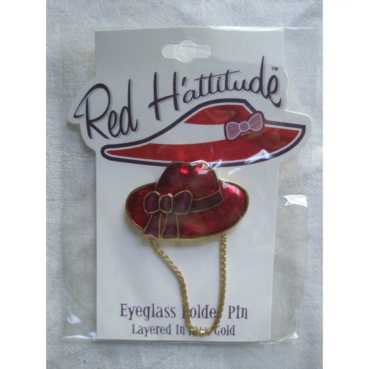 Red Hattitude Hat Society Eyeglass Holder Pin Brooch 18 Kt Gold Finish With Bow 1