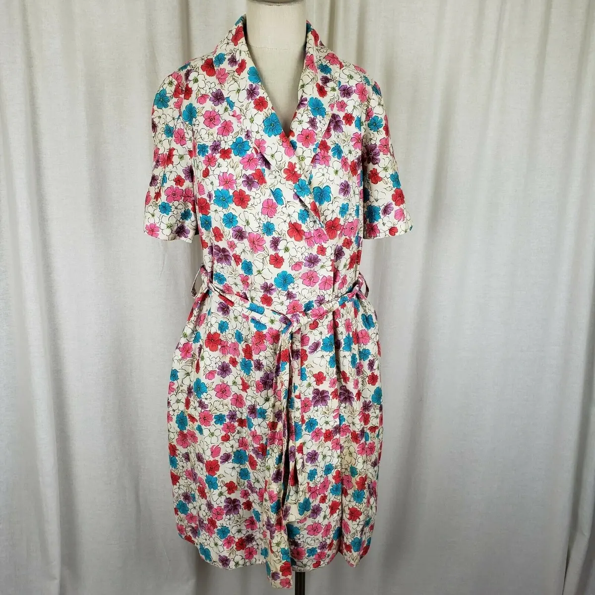 Vintage Handmade Wrap Dress Womens L Xl Floral Cotton Belted Tie Shawl Collar 1