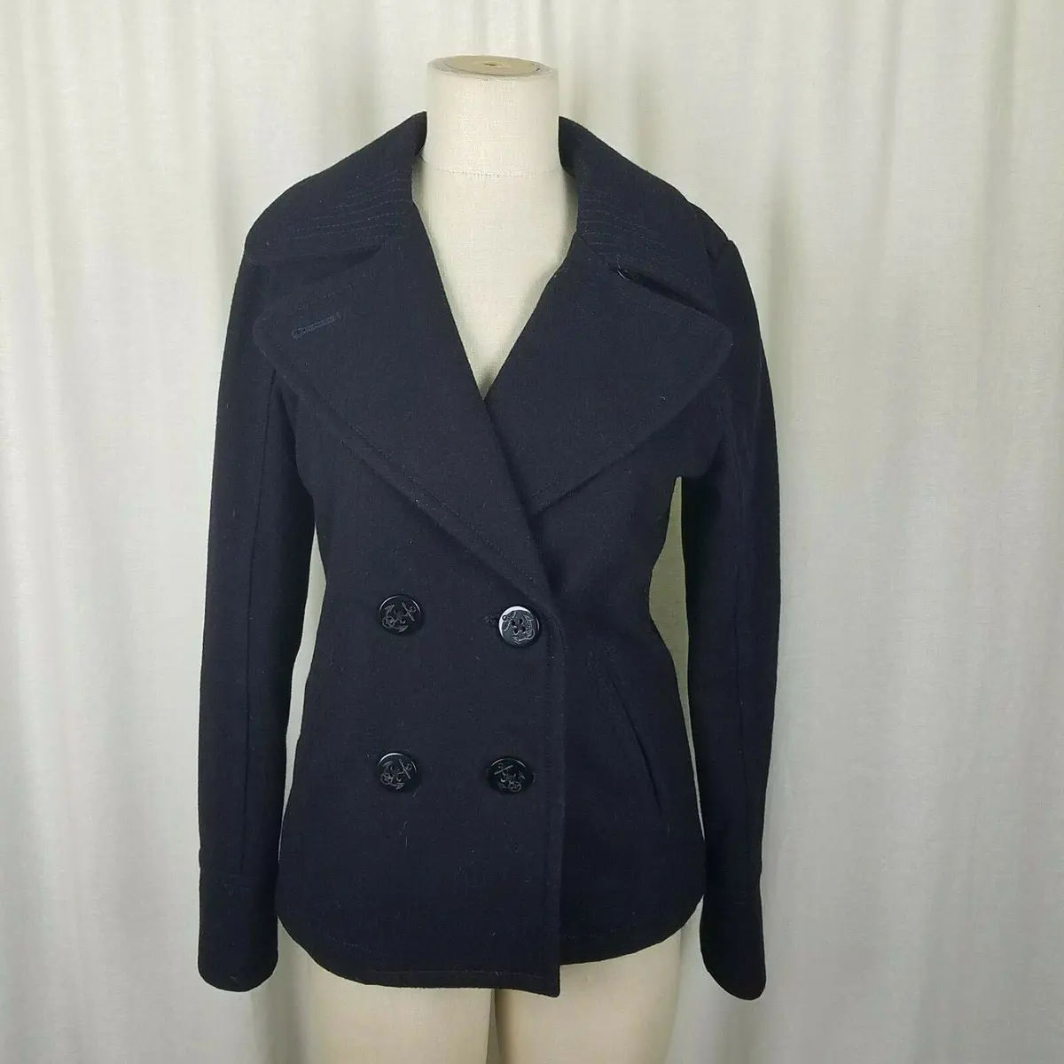American Eagle Wool Military Double Breasted Peacoat Jacket Womens S Navy Blue 1