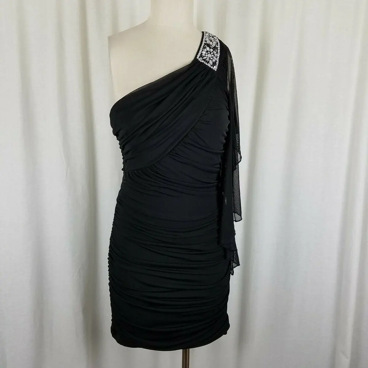 Deb Slinky One Shoulder Ruched Little Black Dress With Jeweled Accents Women's Size Large 1