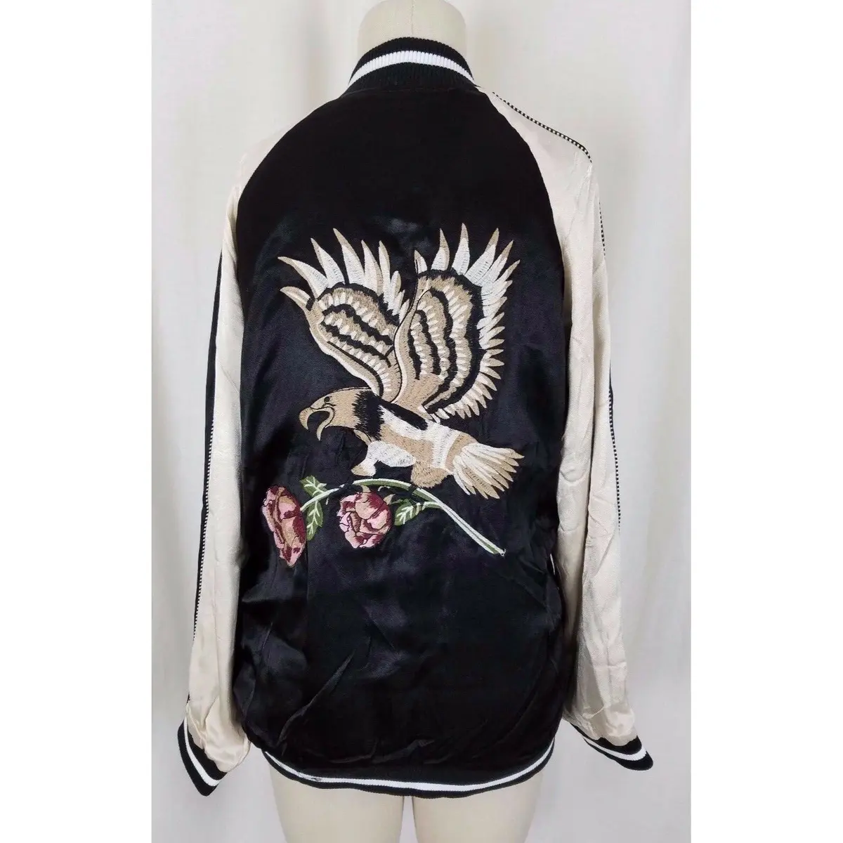 Pacsun Kendall & Kylie Embroidered Eagles Roses Satin Bomber Jacket Womens S 1