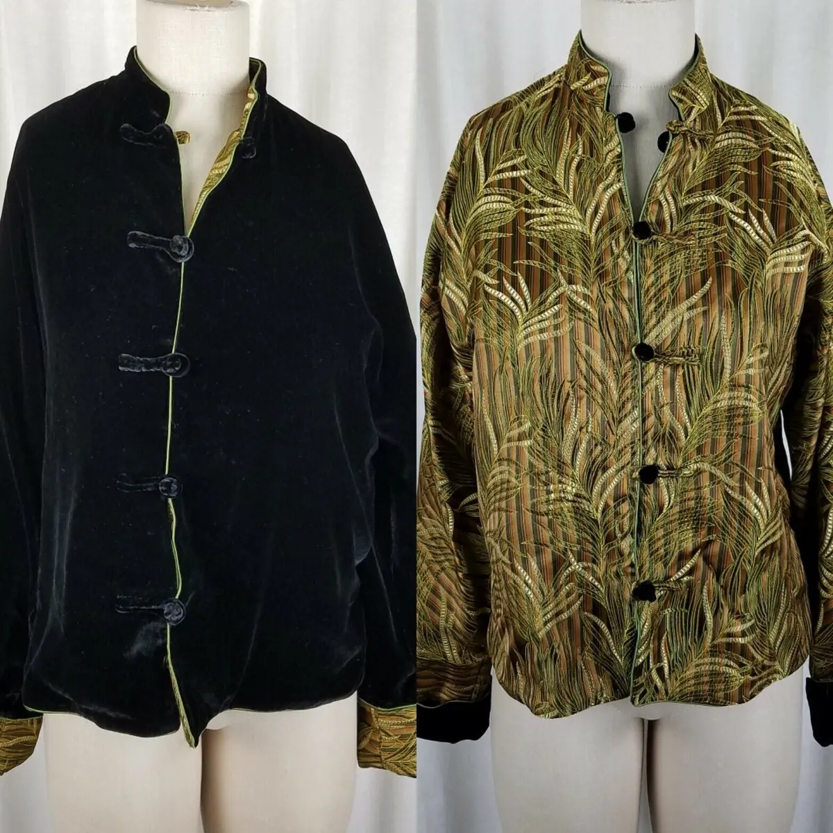 Vintage Reversible Black Velvet Frog Closures Jacket Chinese Metallic Womens L 1