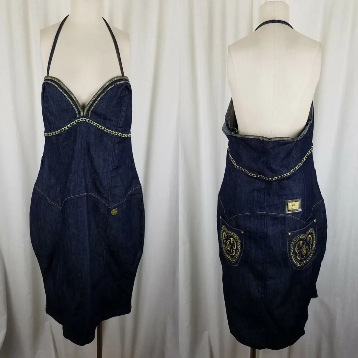 Apple Bottoms Denim Blue Jean Wiggle Bodycon Halter Summer Sun Dress Womens 18 1