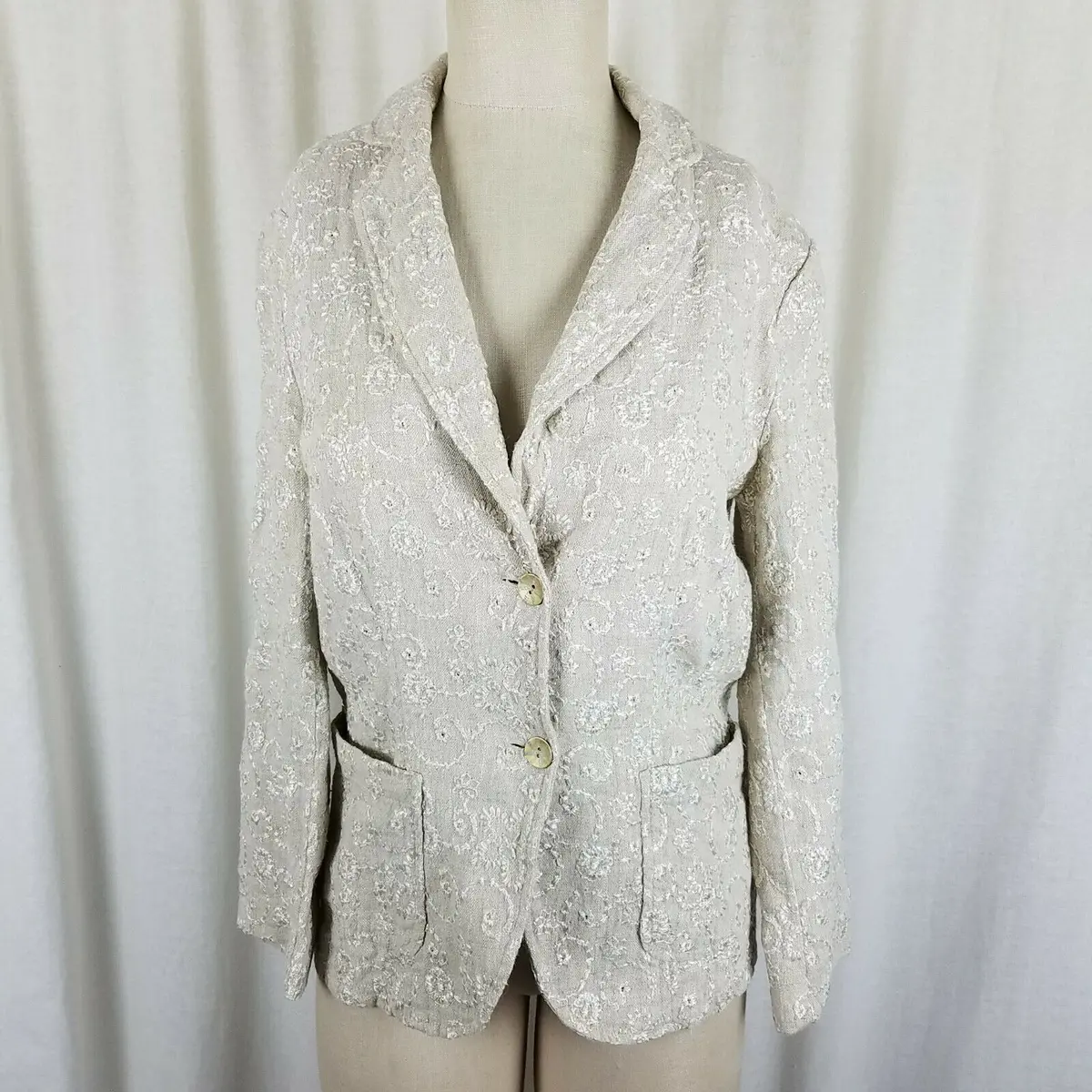 Gui Italy Linen Flax Eyelet Lace Look Woven Button Blazer Jacket Womens 8 Tan 1
