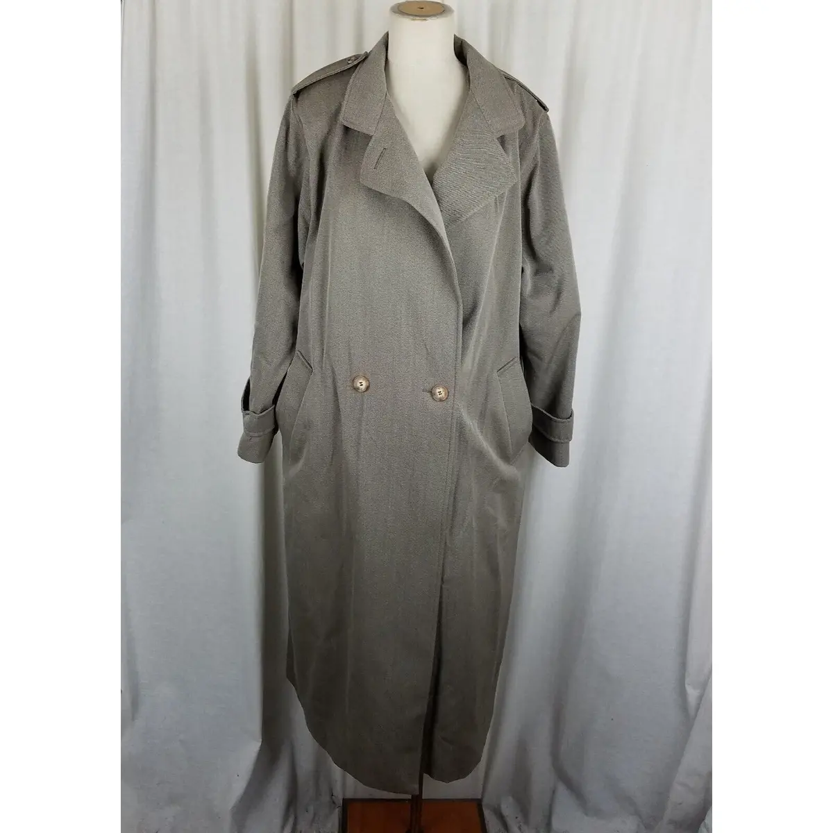 Vtg Larry Levine Twill Double Breasted Epaulets Maxi 80S Trench Coat Womens L 1