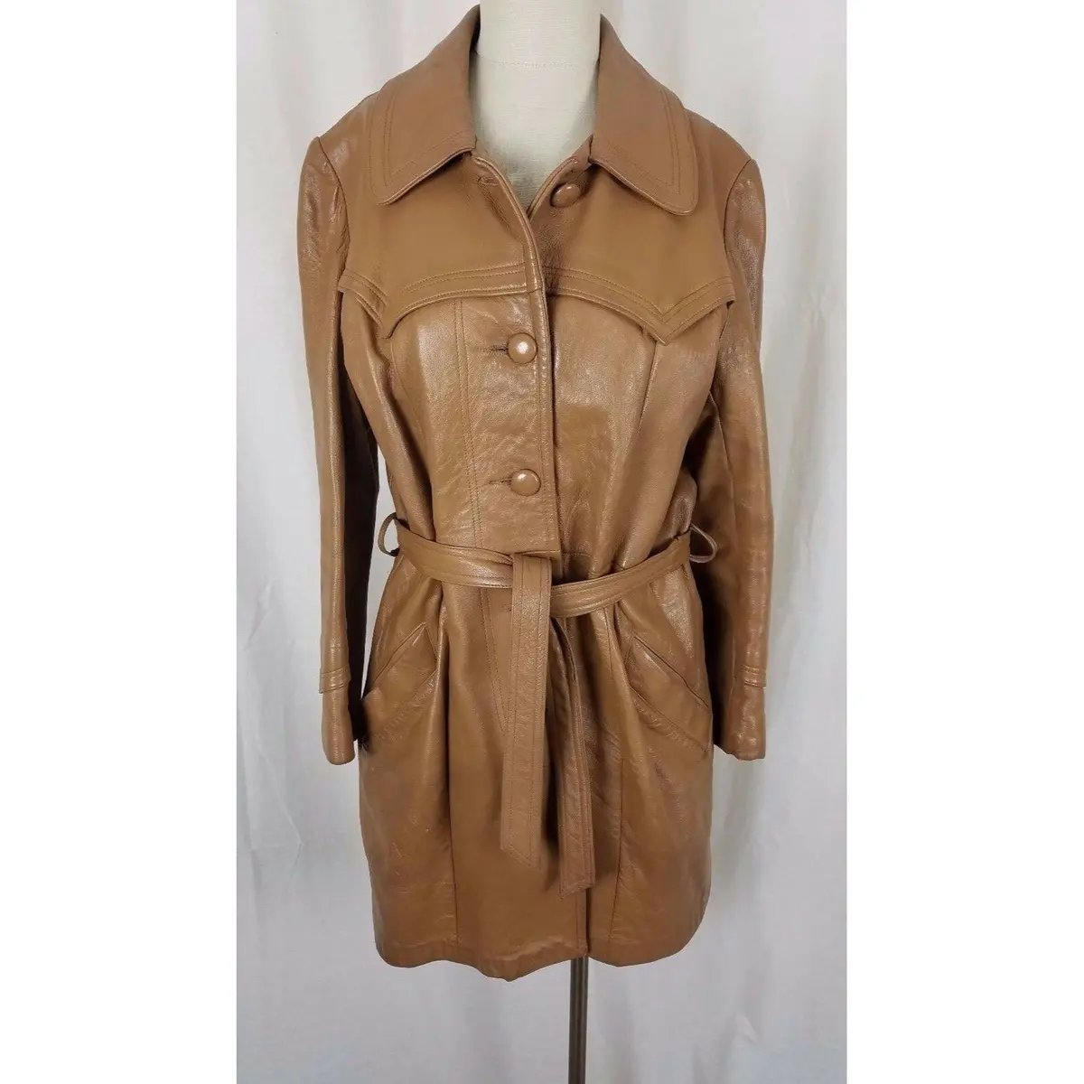 New England Sportswear Co Belted Brown Leather Jacket Peacoat Western Womens 14 1