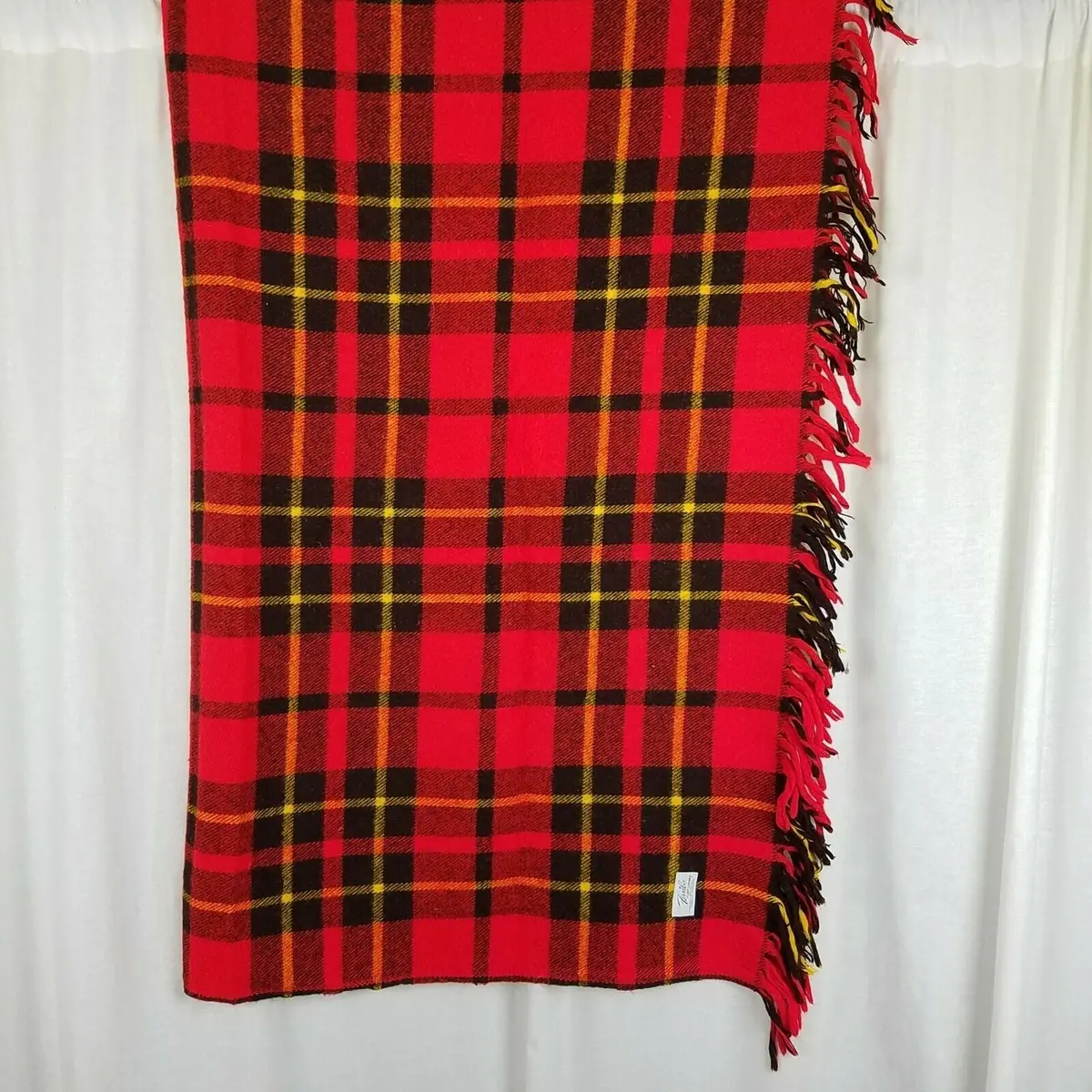 Vintage Plaid Fringe Stadium Carriage Throw Blanket Wool Faribo Fluff-Loomed 1
