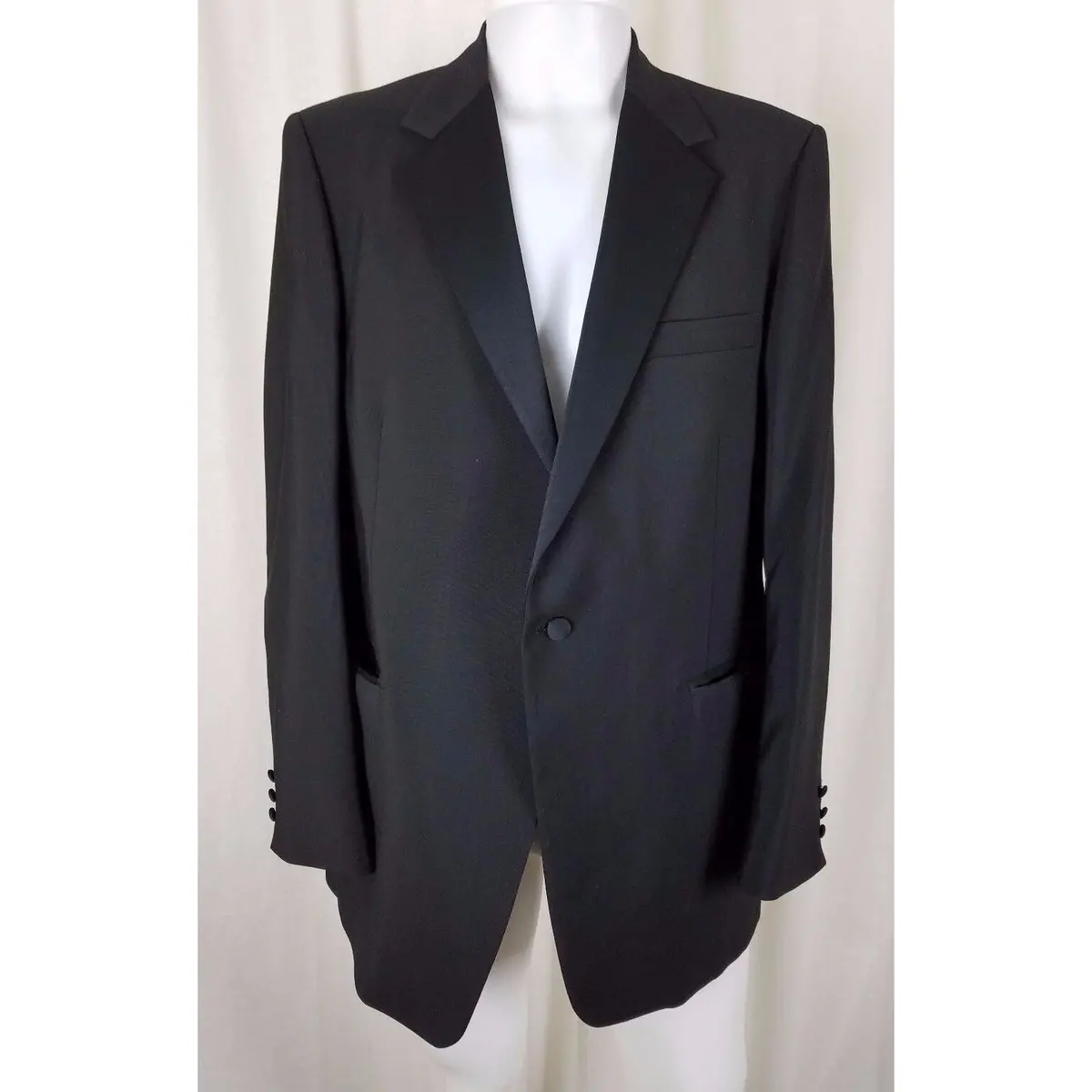 Vintage After Six Black Wool Single Button Tuxedo Suit Jacket Tux Satin Mens 43R 1