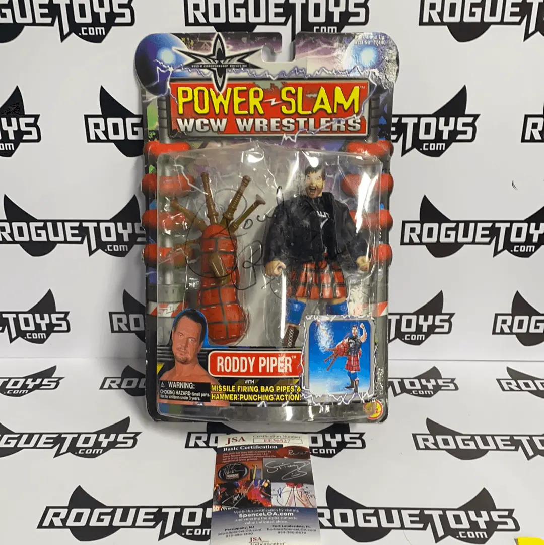 Toybiz Power Slam Wcw Wrestlers Roddy Piper With Missile Firing Bag Pipes And Hammer Punching Action Autographed 1