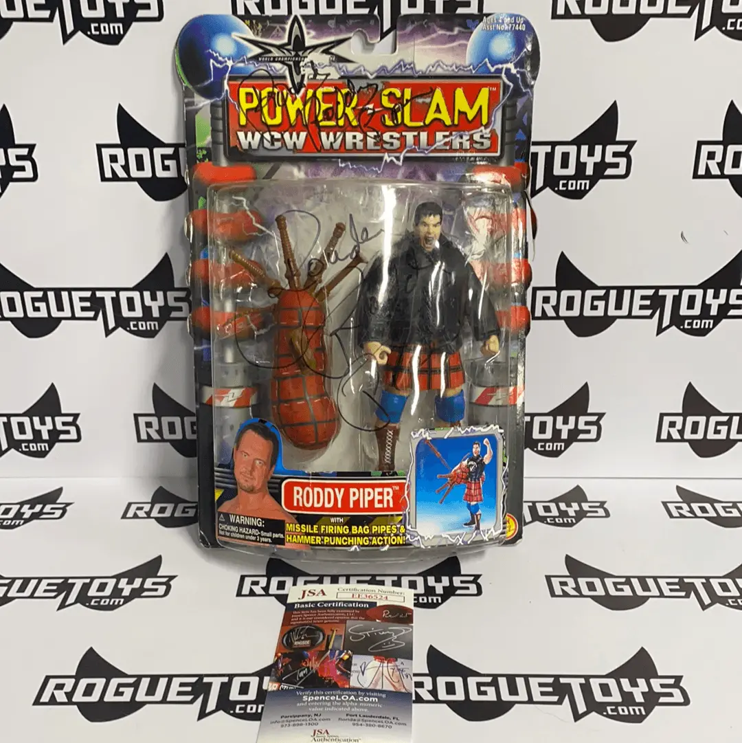 Toybiz Power Slam Wcw Wrestlers Roddy Piper With Missile Firing Bag Pipes And Hammer Punching Action Autographed 1