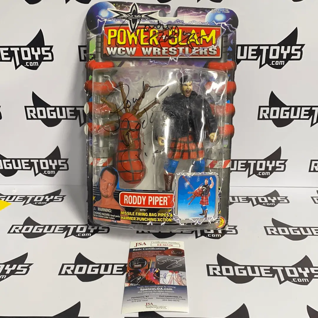 Toybiz Power Slam Wcw Wrestlers Roddy Piper With Missile Firing Bag Pipes And Hammer Punching Action Autographed 1