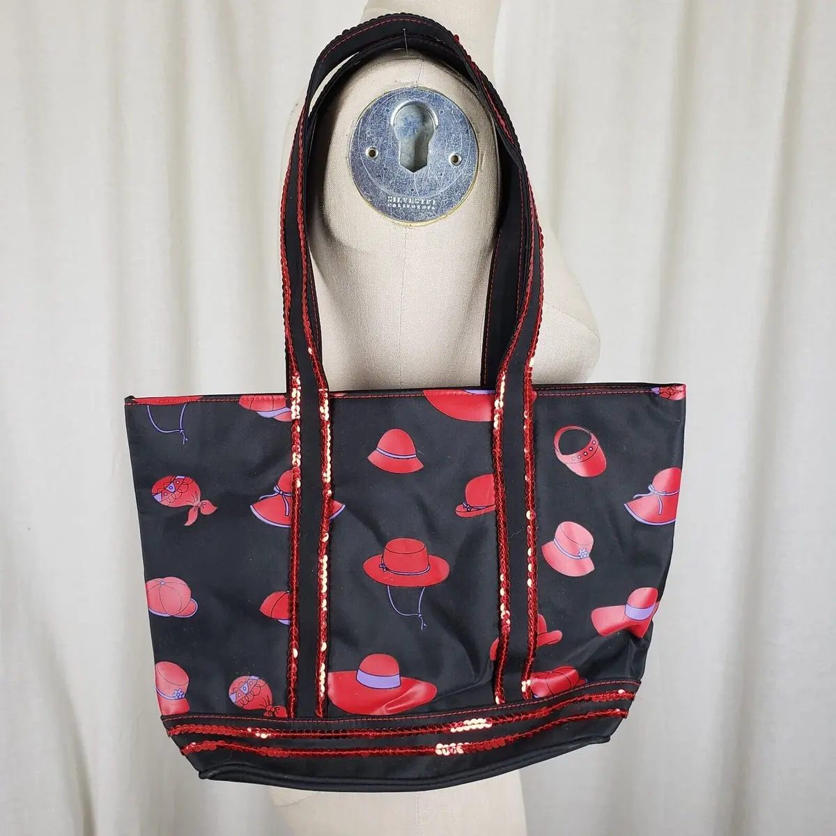 Red Hat Society Large Tote Shoulder Bag Purse Black Red Purple Sequins Bling 1