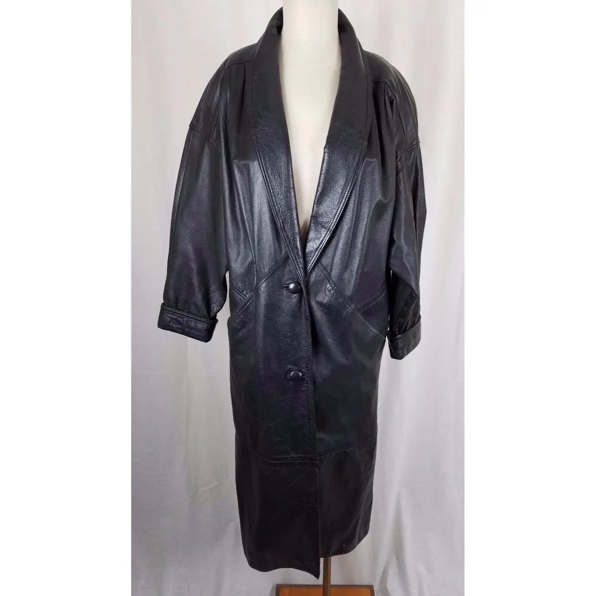 Jcpenney Black Leather Maxi Motorcycle Biker Duster Long Trench Coat Womens S 1