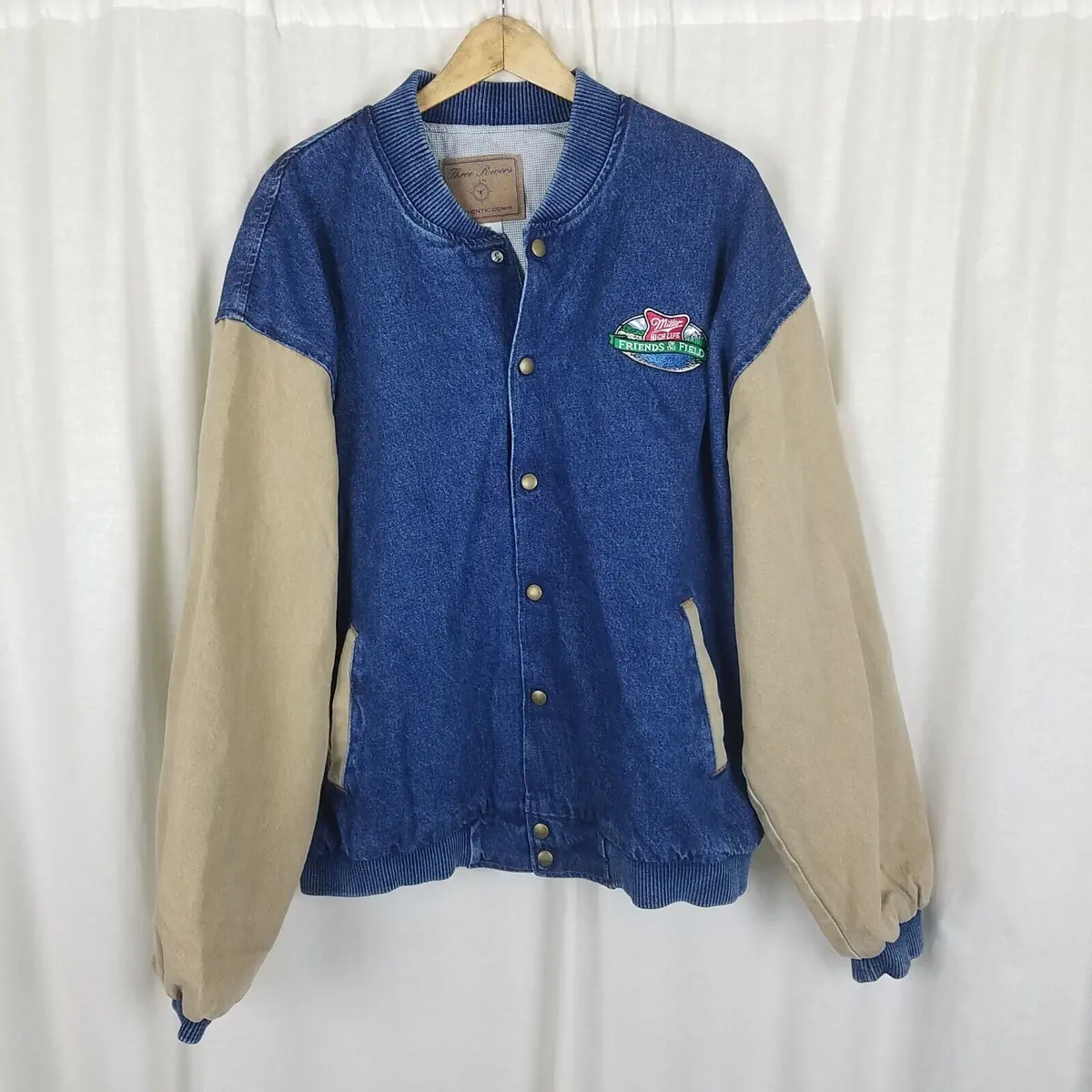 Miller Friends Of The Field Denim Canvas Bomber Jacket Mens Xl Vintage High Life 1