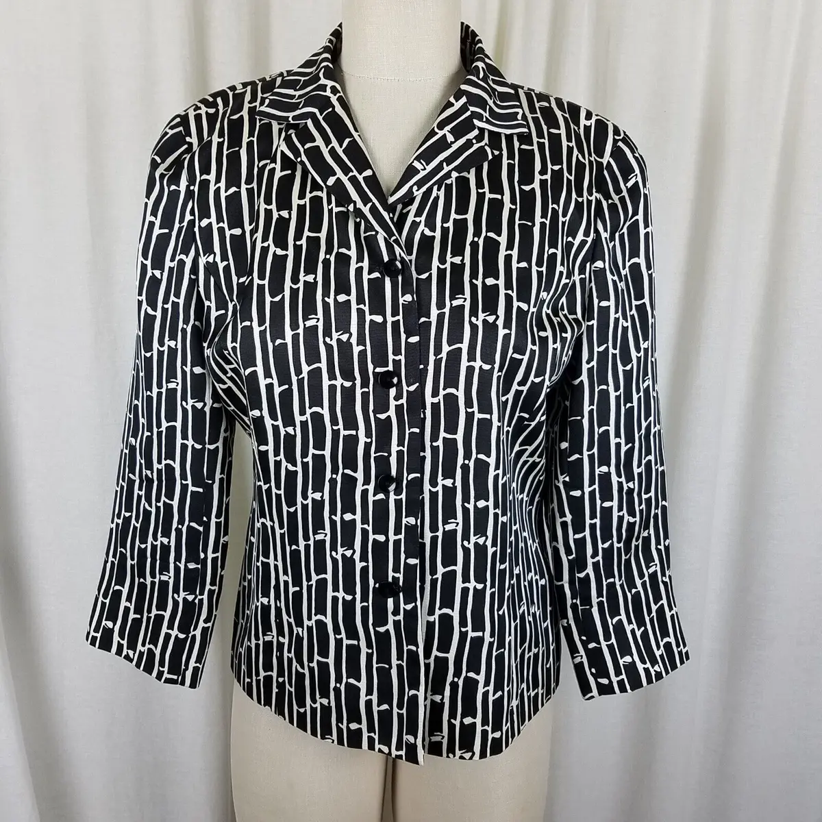 Talbots Silk Black & White Printed Button Up 3/4 Sleeve Jacket Blazer Womens 8 1