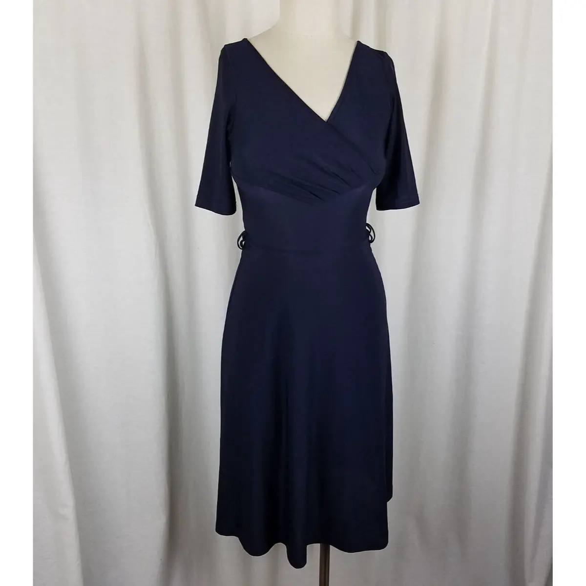 Leona Edmiston Stretch Faux Wrap Fit & Flare Twirl Dress Womens 2 Banded Waist 1
