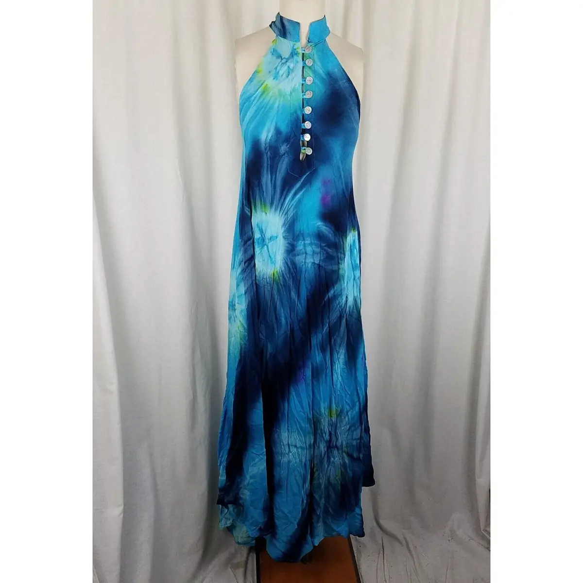 Vintage Asymmetrical Blue Tie Dye Dress Flowing Band Collar Maxi Halter Womens S 1